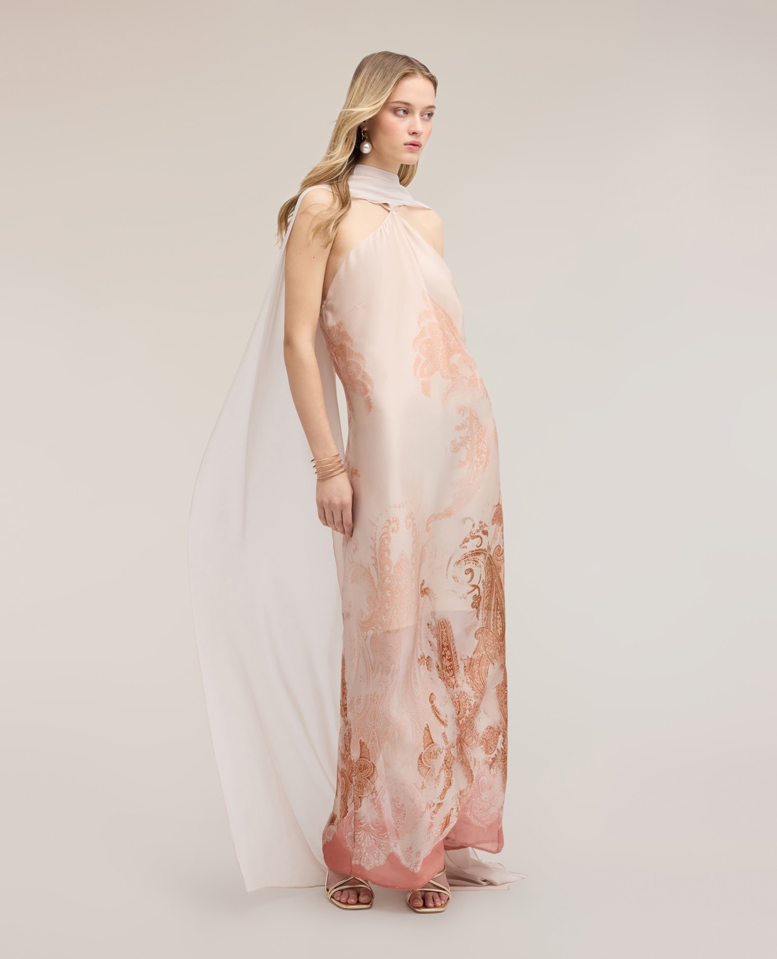 Vestido largo de satén con estola largo maxi cierre con cremallera en la parte trasera - Motivi - Rosa Rosa-1