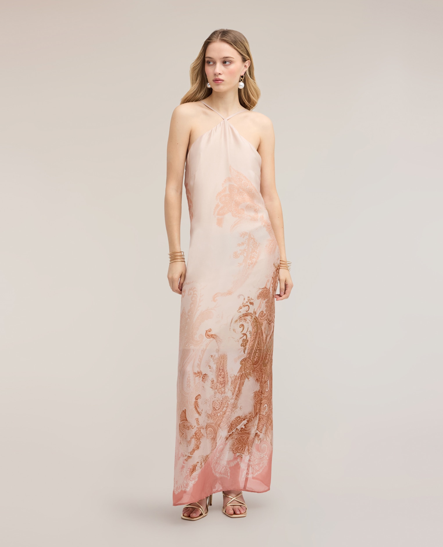 Vestido largo de satén con estola largo maxi cierre con cremallera en la parte trasera - Motivi - Rosa Rosa-3