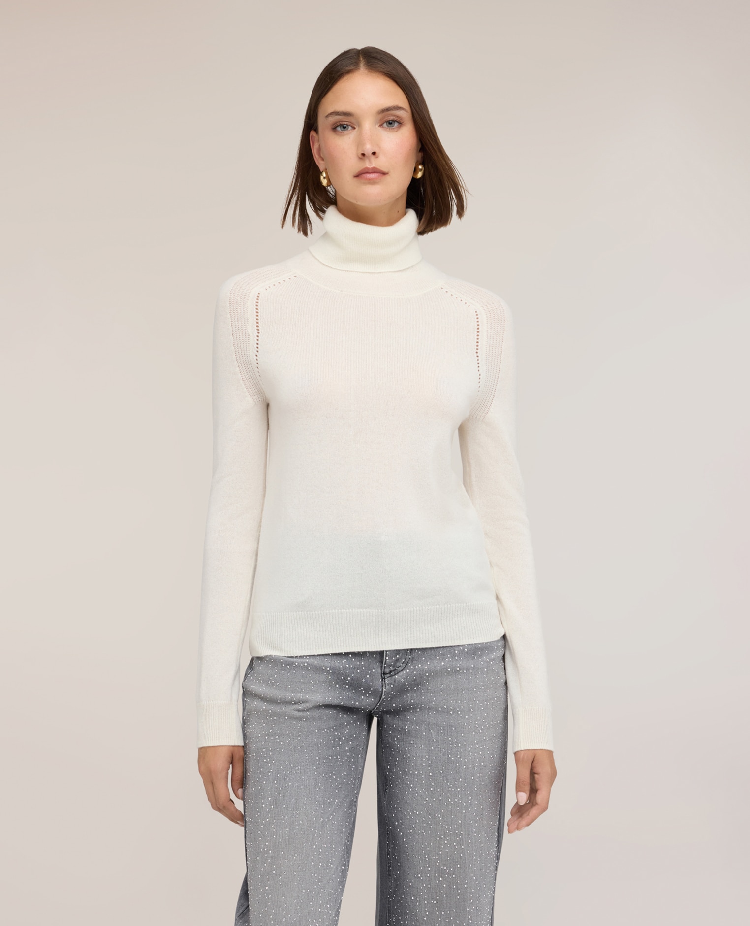 Jersey cuello de mujer alto de cachemira con detalle calado ajuste regular cuello alto - Motivi - Blanco Blanco-1