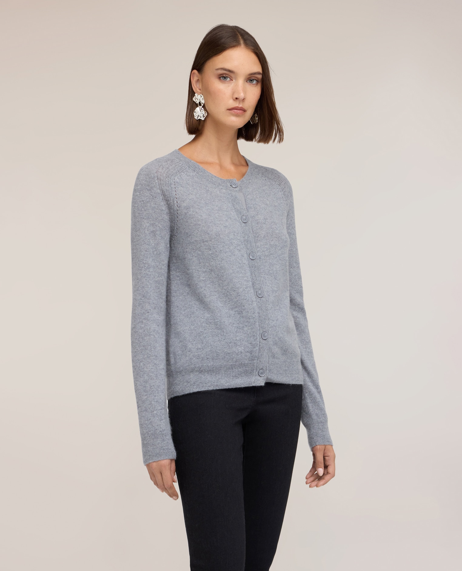 Cárdigan de mujer de cachemira mangas largas con corte raglán y detalle ajouré - Motivi - Gris Gris-1