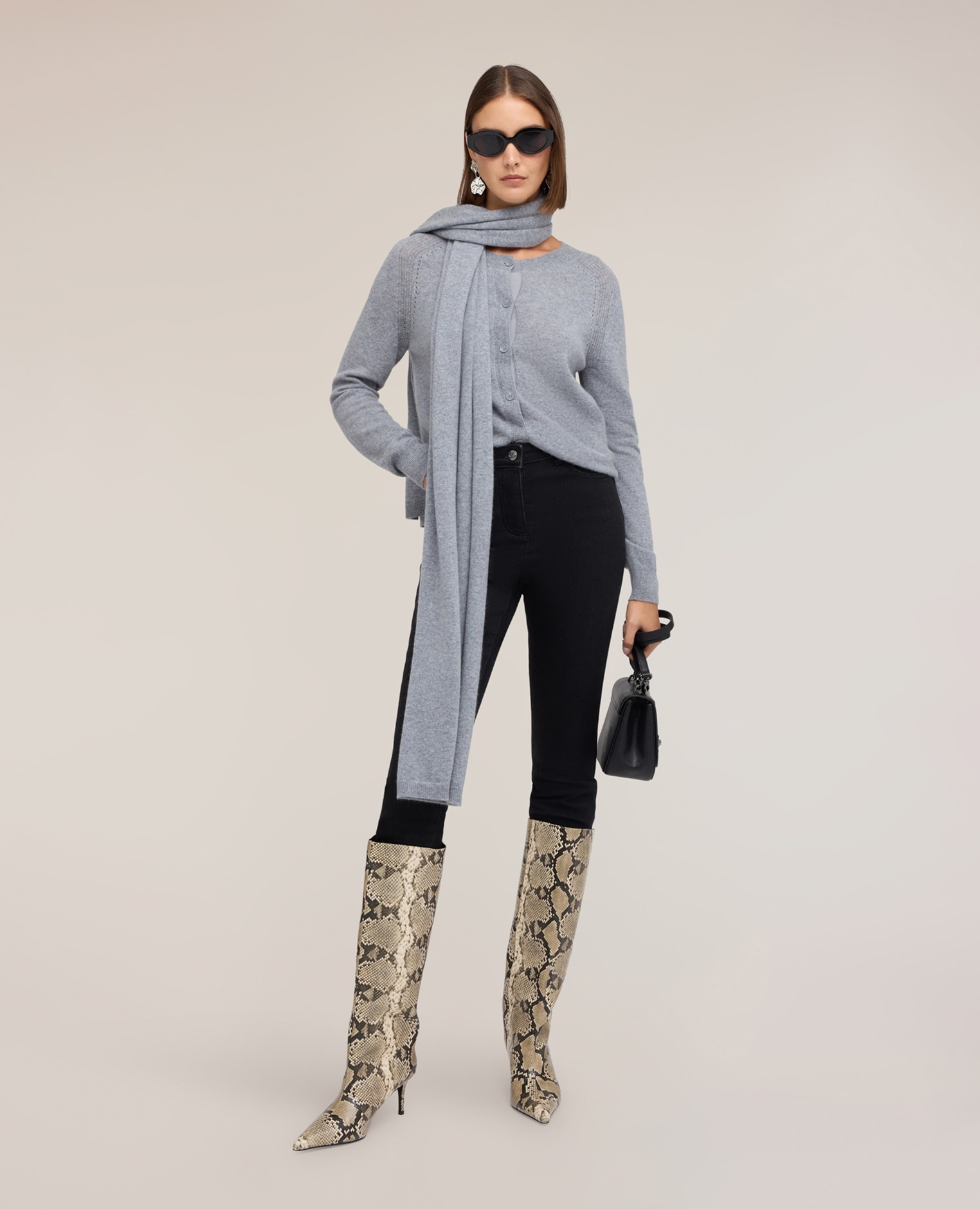 Cárdigan de mujer de cachemira mangas largas con corte raglán y detalle ajouré - Motivi - Gris Gris-3