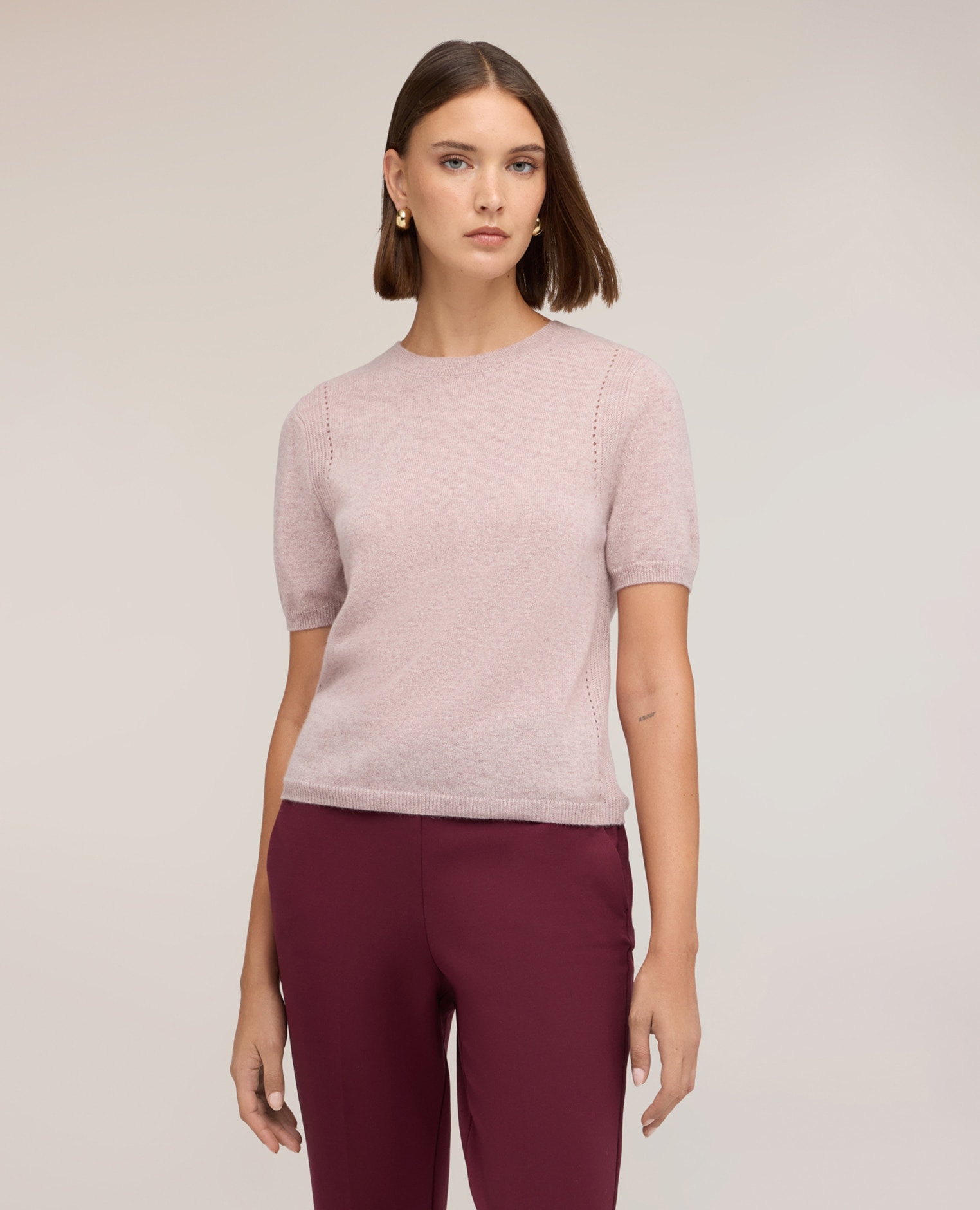 Jersey de mujer de cachemira con detalle de calado cuello redondo mangas cortas - Motivi - Rosa Rosa-1