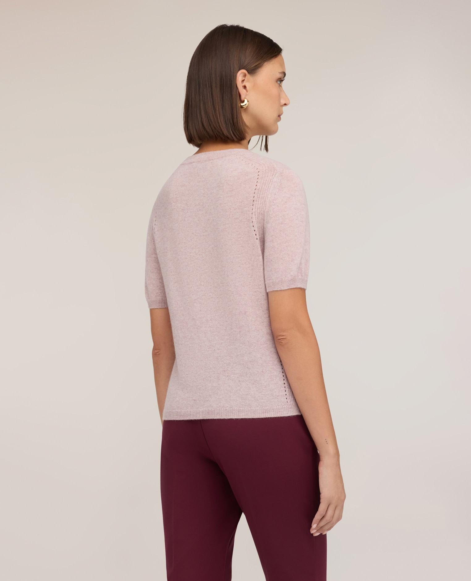 Jersey de mujer de cachemira con detalle de calado cuello redondo mangas cortas - Motivi - Rosa Rosa-2
