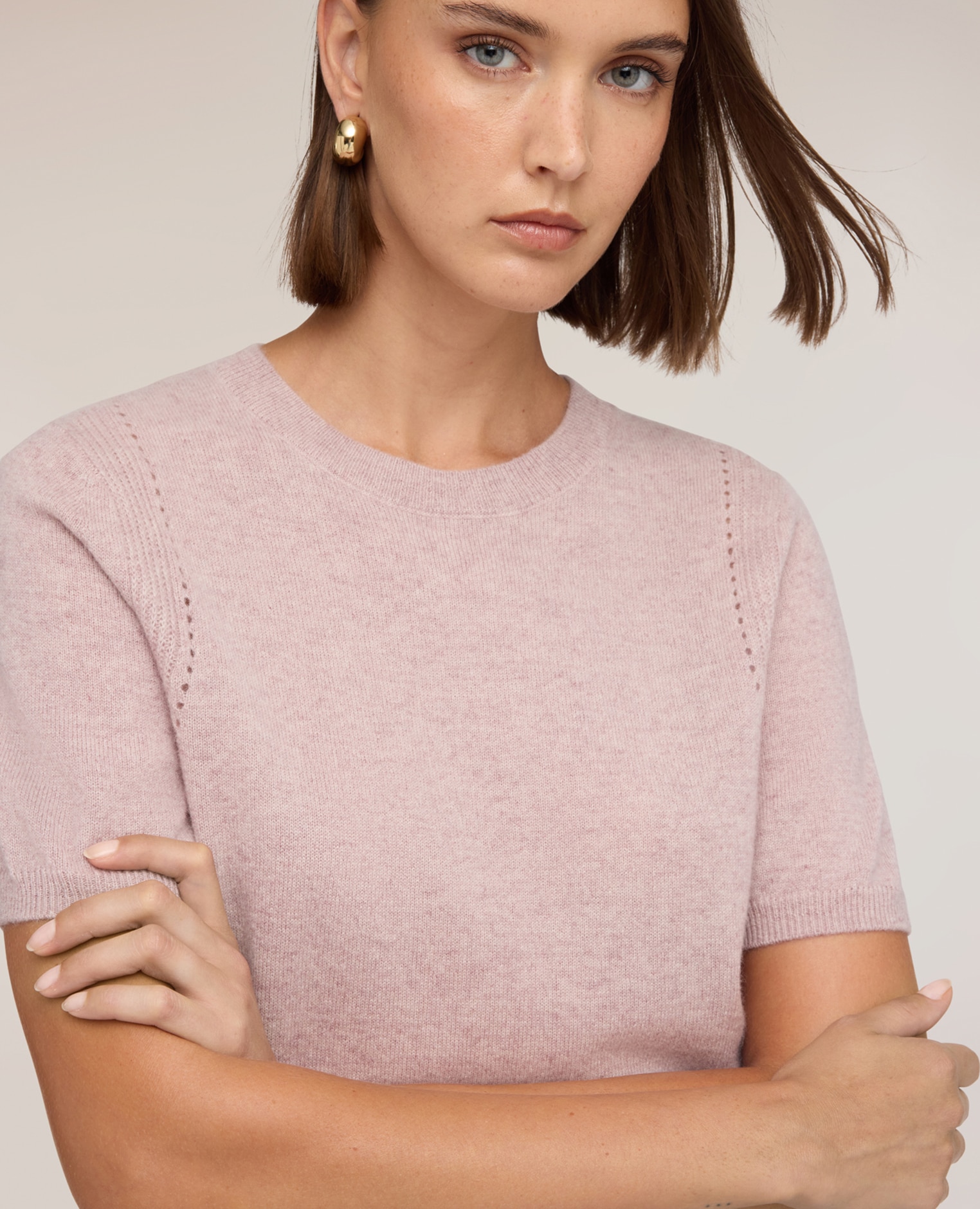 Jersey de mujer de cachemira con detalle de calado cuello redondo mangas cortas - Motivi - Rosa Rosa-4