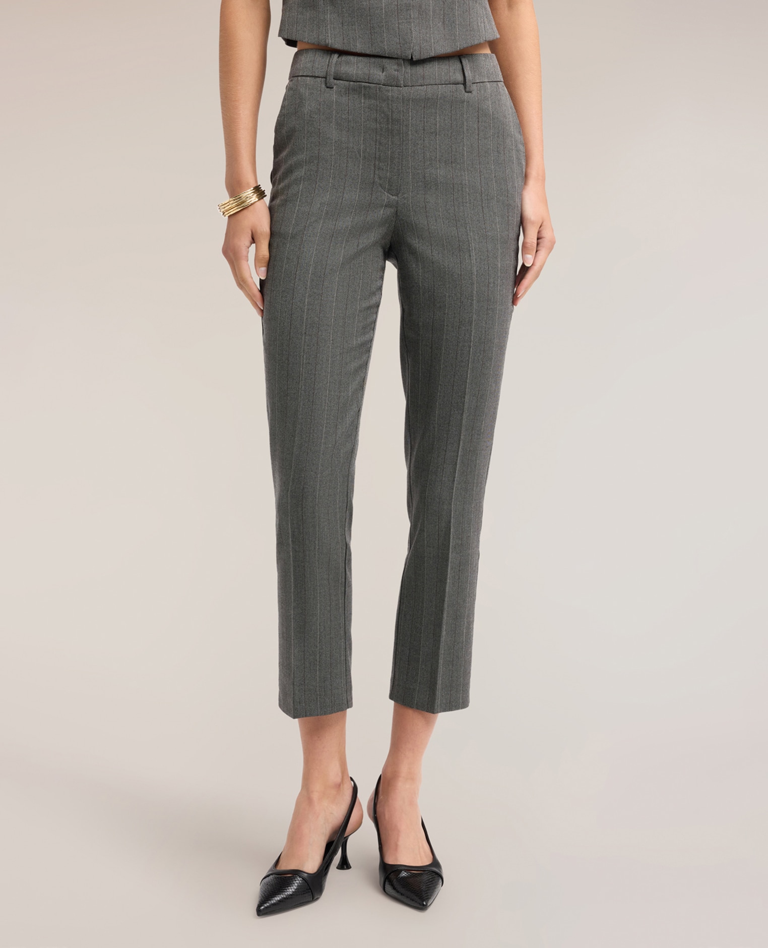 Pantalones de mujer slim de rayas diplomáticas en hilo teñido ajuste regular cierre con corchetes y cremallera - Motivi - Gris Gris-3