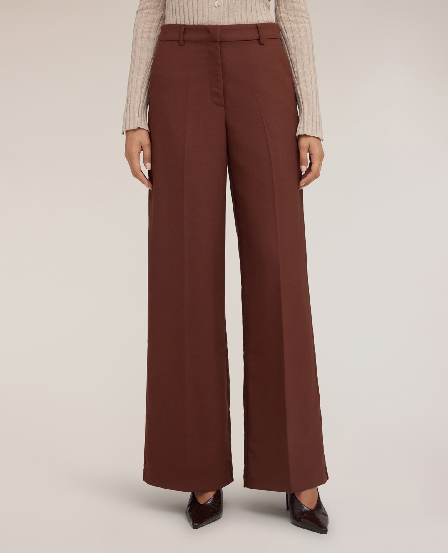 Pantalones de mujer palazzo de talle alto con pinza marcada ajuste ancho cierre con corchetes y cremallera - Motivi - Marrón Marrón-3