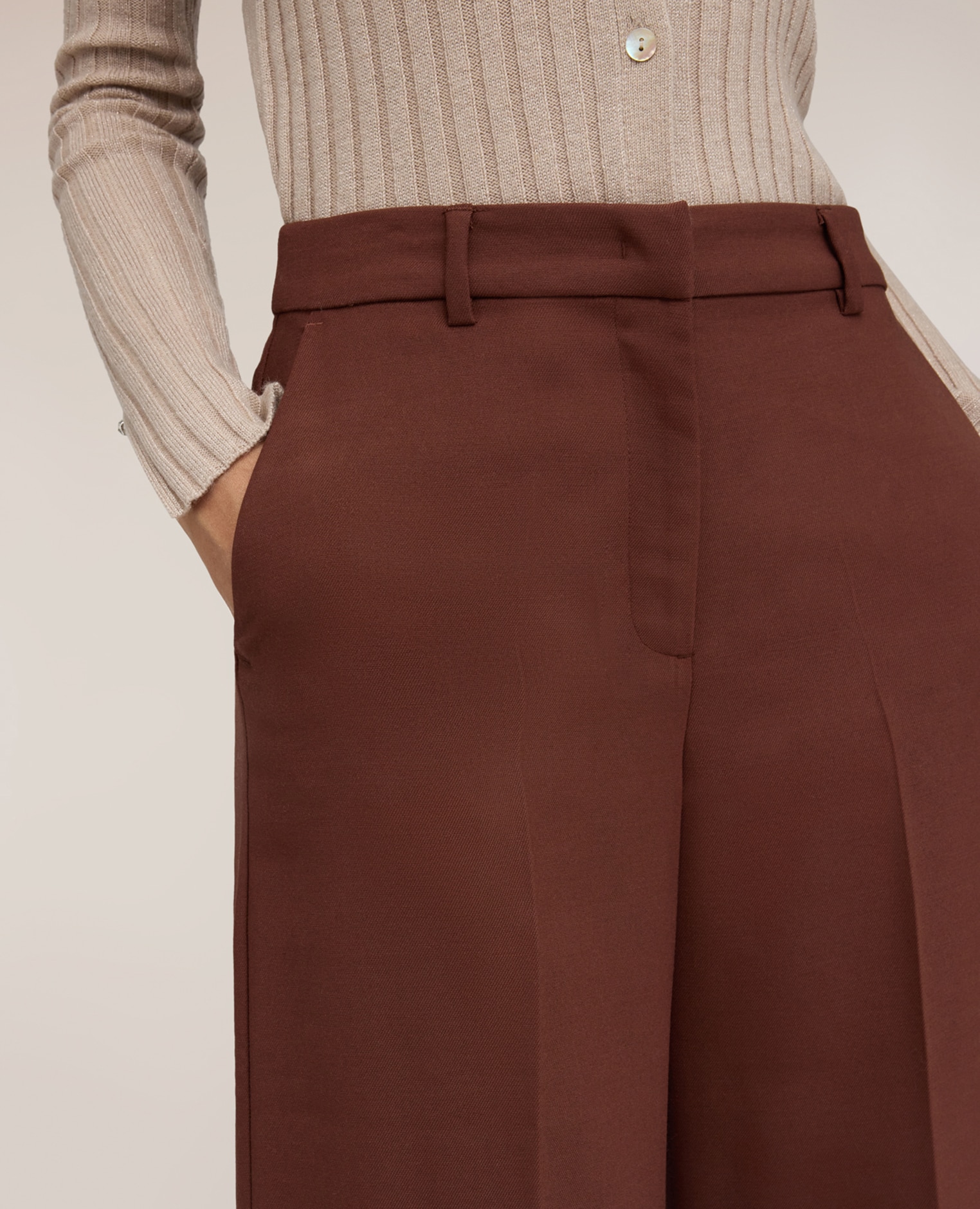 Pantalones de mujer palazzo de talle alto con pinza marcada ajuste ancho cierre con corchetes y cremallera - Motivi - Marrón Marrón-4