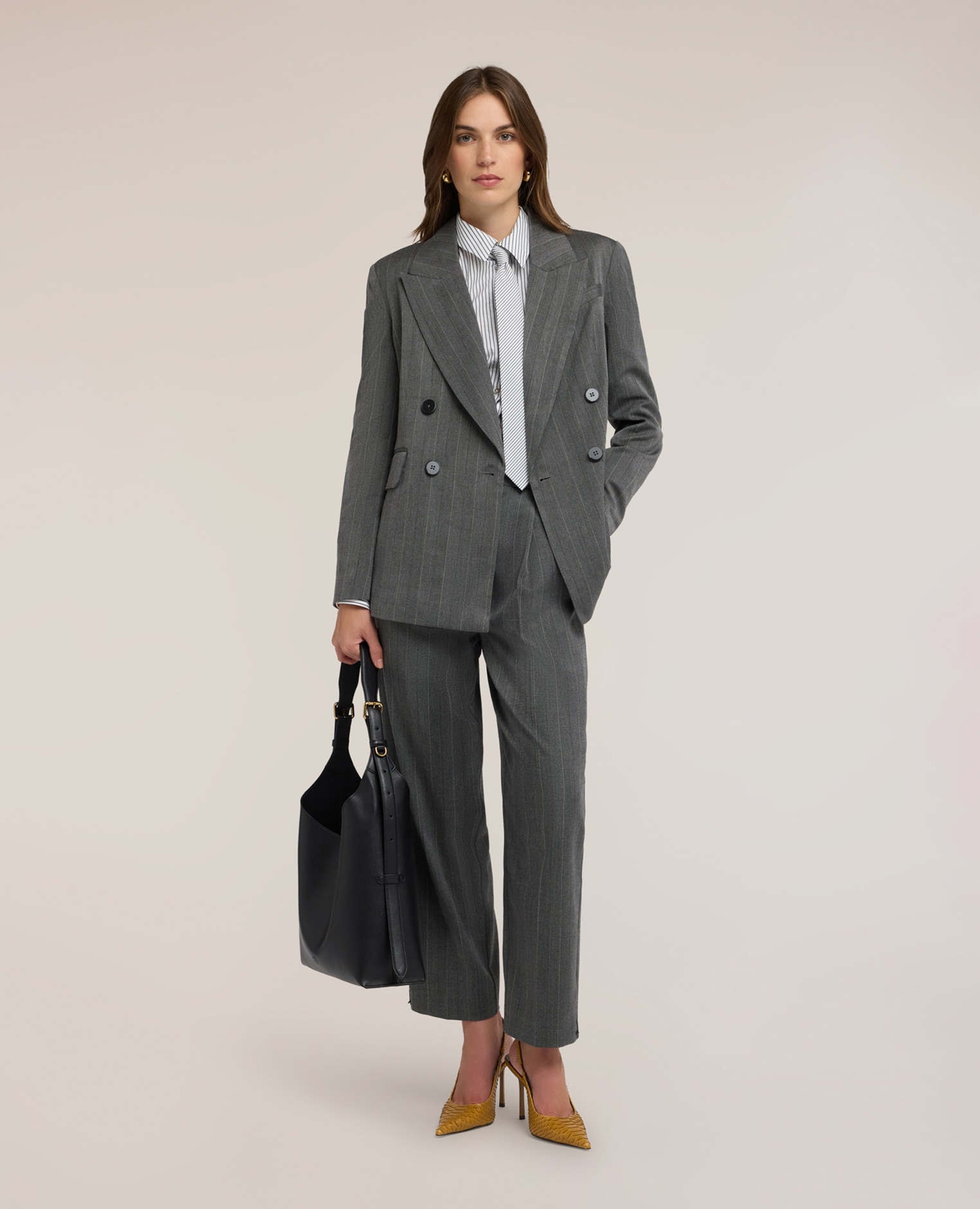 Chaqueta de mujer cruzada en hilo teñido ajuste regular largo medio - Motivi - Gris Gris-3
