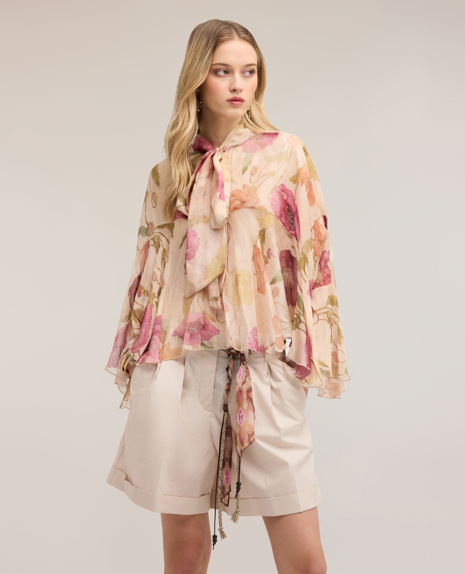 Blusa de mujer de gasa mezcla de seda con estampado ajuste oversize con volante - Motivi - Rosa Rosa-1