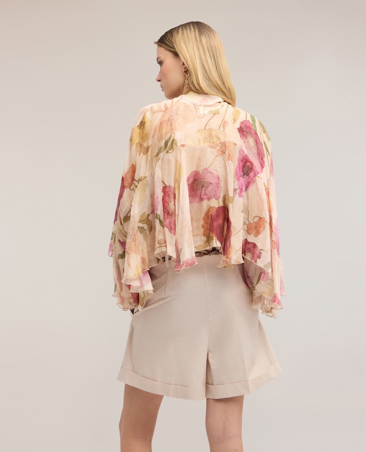 Blusa de mujer de gasa mezcla de seda con estampado ajuste oversize con volante - Motivi - Rosa Rosa-2