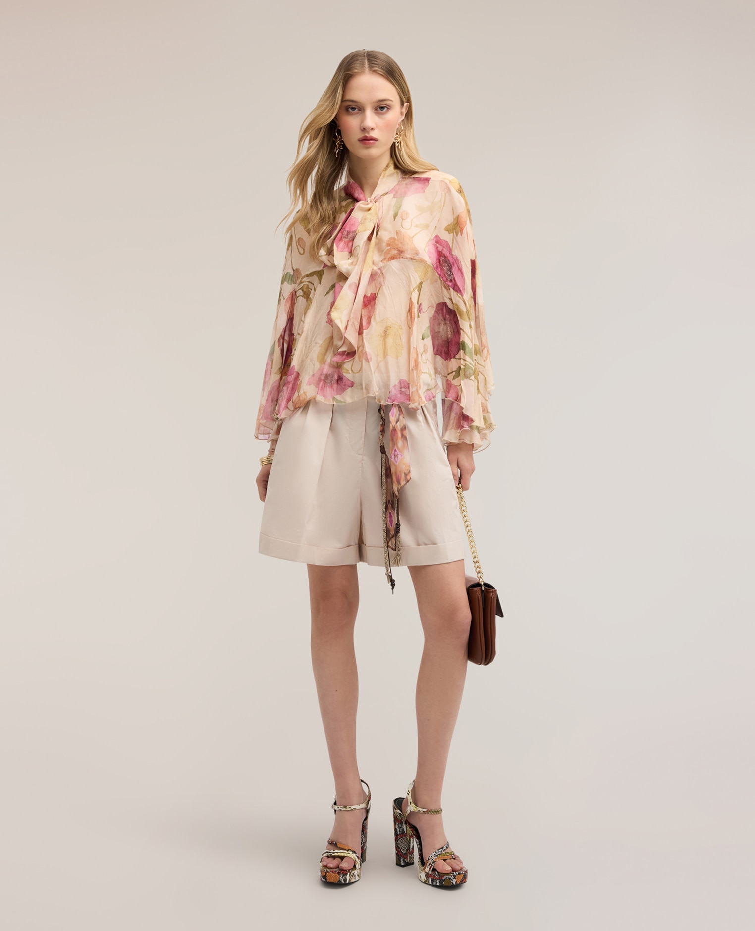 Blusa de mujer de gasa mezcla de seda con estampado ajuste oversize con volante - Motivi - Rosa Rosa-3