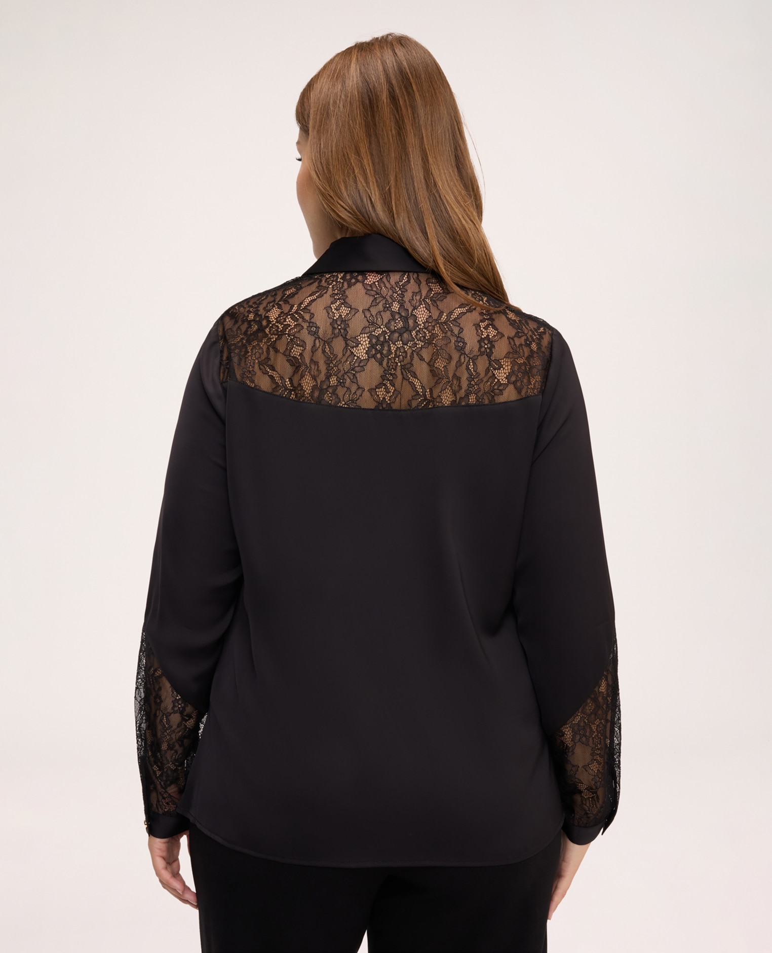 Blusa de mujer de satén stretch con detalles de encaje detalles de encaje en los hombros y los puños para un toque chic - Fiorella Rubino - Negro Negro-2