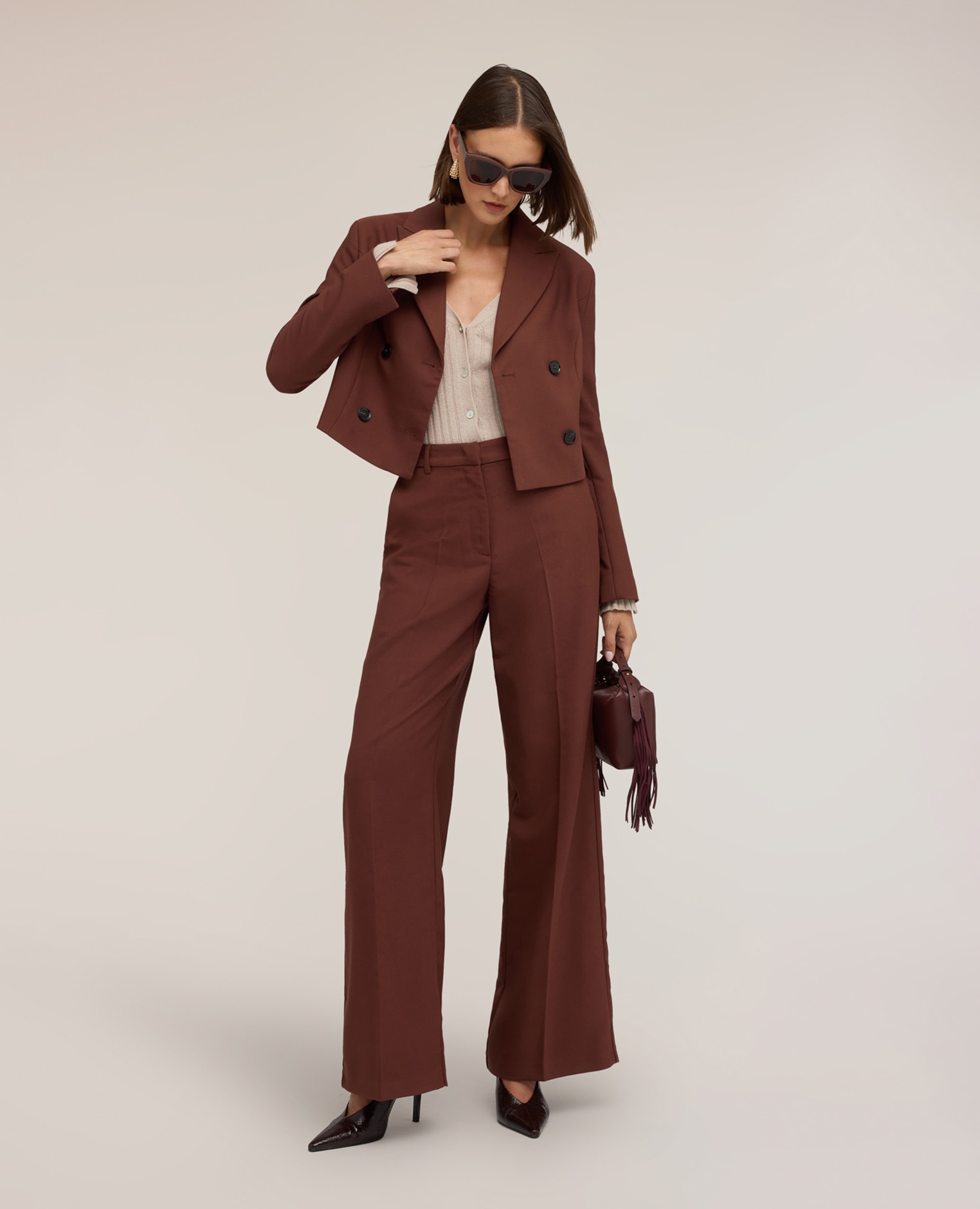 Blazer de mujer spencer con solapa de pico largo cropped corte boxy - Motivi - Marrón Marrón-3