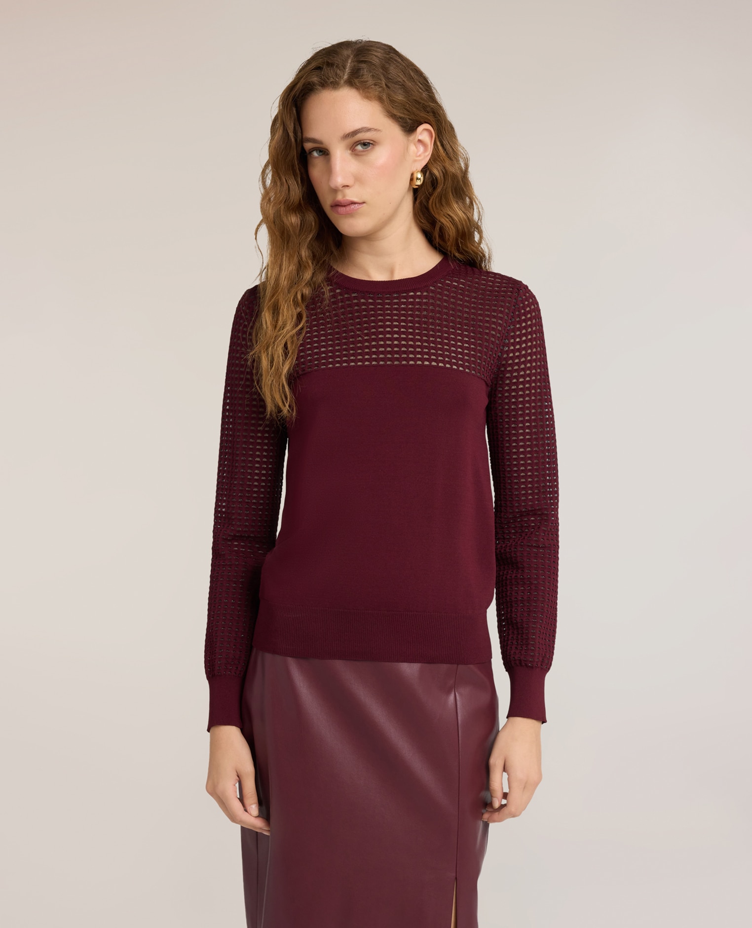 Jersey de mujer con detalles calados mezcla de viscosa ajuste regular longitud media - Motivi - Burdeos Burdeos-1