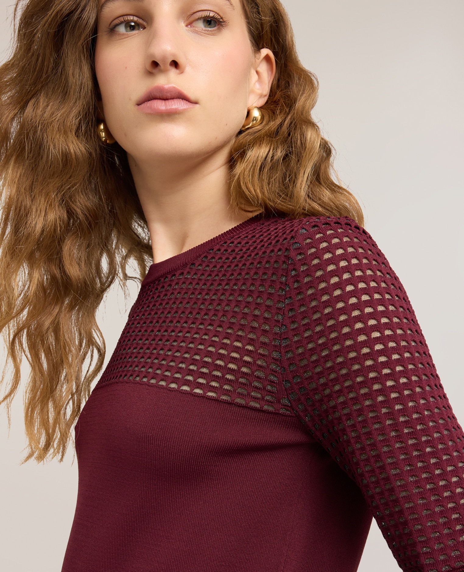 Jersey de mujer con detalles calados mezcla de viscosa ajuste regular longitud media - Motivi - Burdeos Burdeos-4