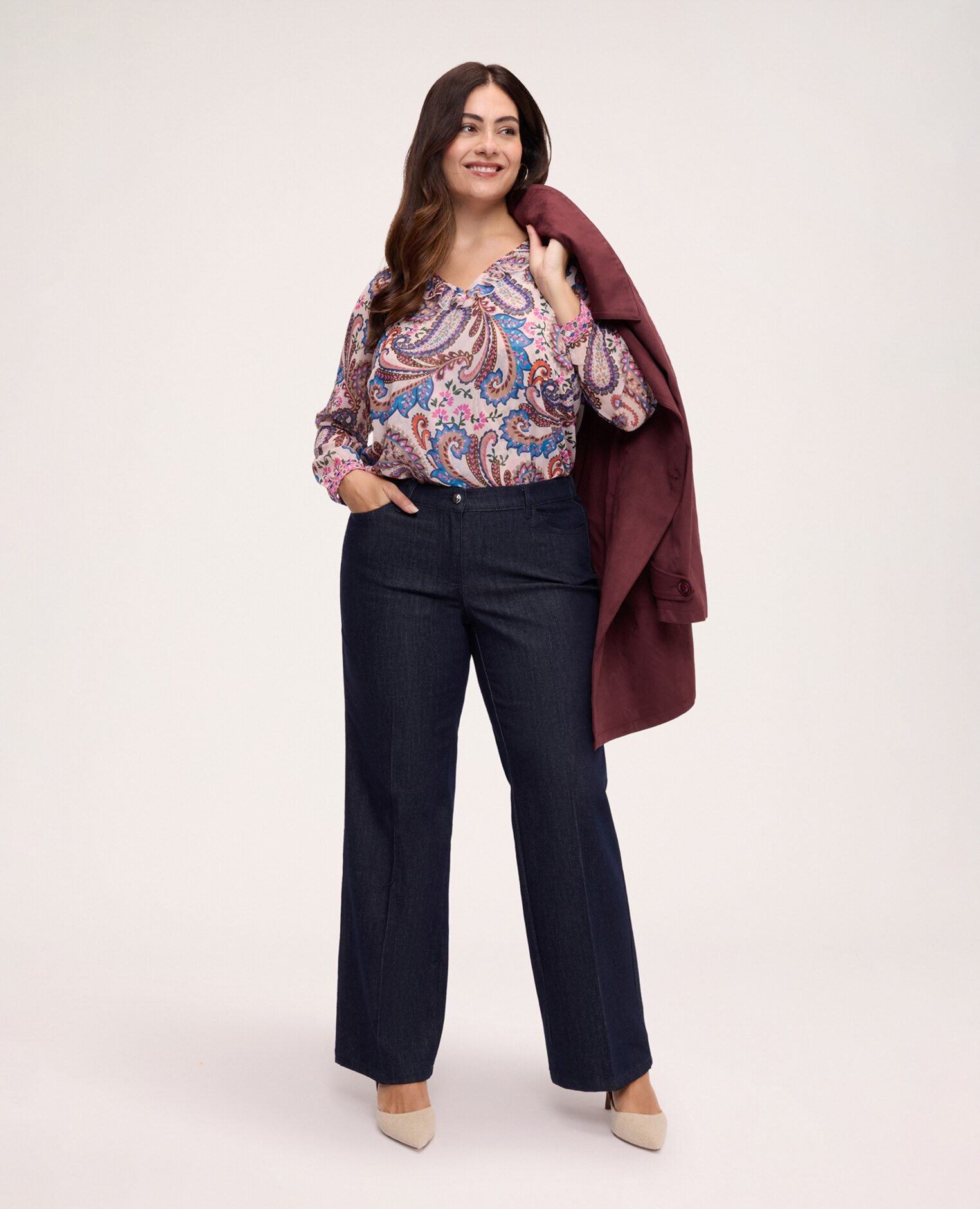 Blusa de mujer con estampado y volante en georgette tejido ligero para una sensación agradable sobre la piel - Fiorella Rubino - Beige Beige-3