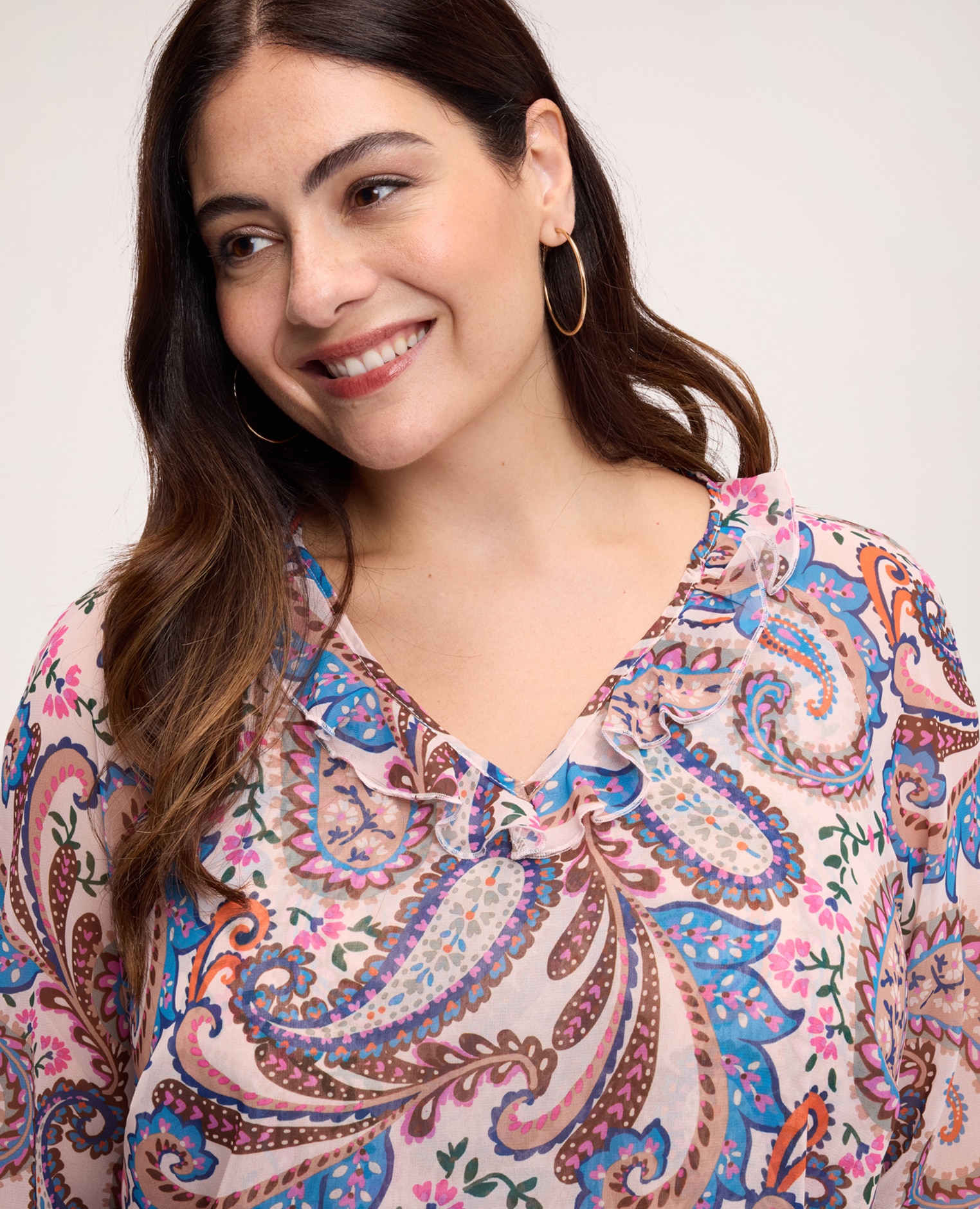 Blusa de mujer con estampado y volante en georgette tejido ligero para una sensación agradable sobre la piel - Fiorella Rubino - Beige Beige-4