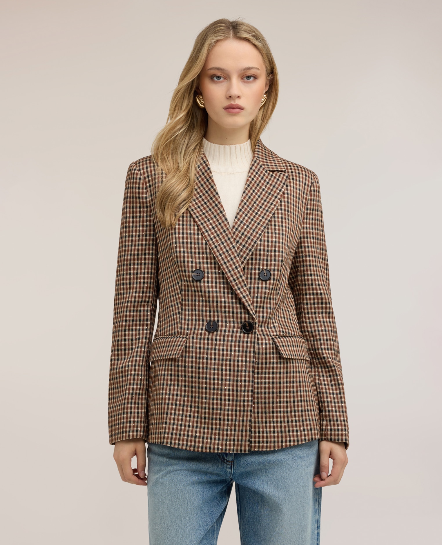 Imagen 1 de Blazer de mujer cruzado con estampado de cuadros lurex ajuste regular forrado Beige