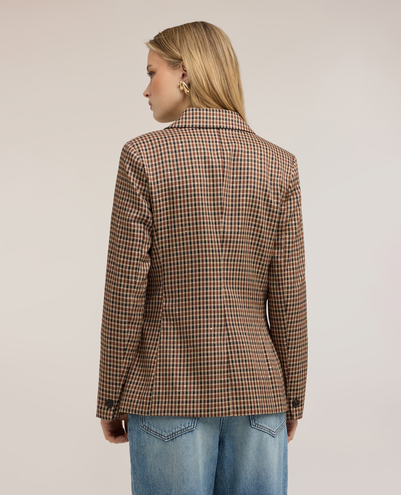 Imagen 2 de Blazer de mujer cruzado con estampado de cuadros lurex ajuste regular forrado - Motivi - Beige Beige