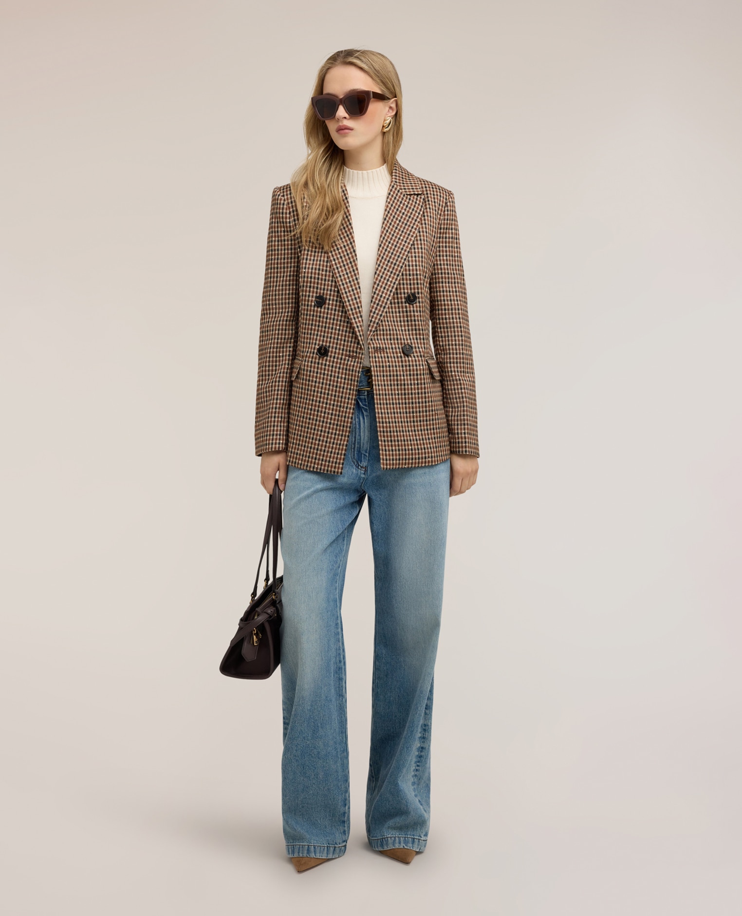 Imagen 3 de Blazer de mujer cruzado con estampado de cuadros lurex ajuste regular forrado - Motivi - Beige Beige