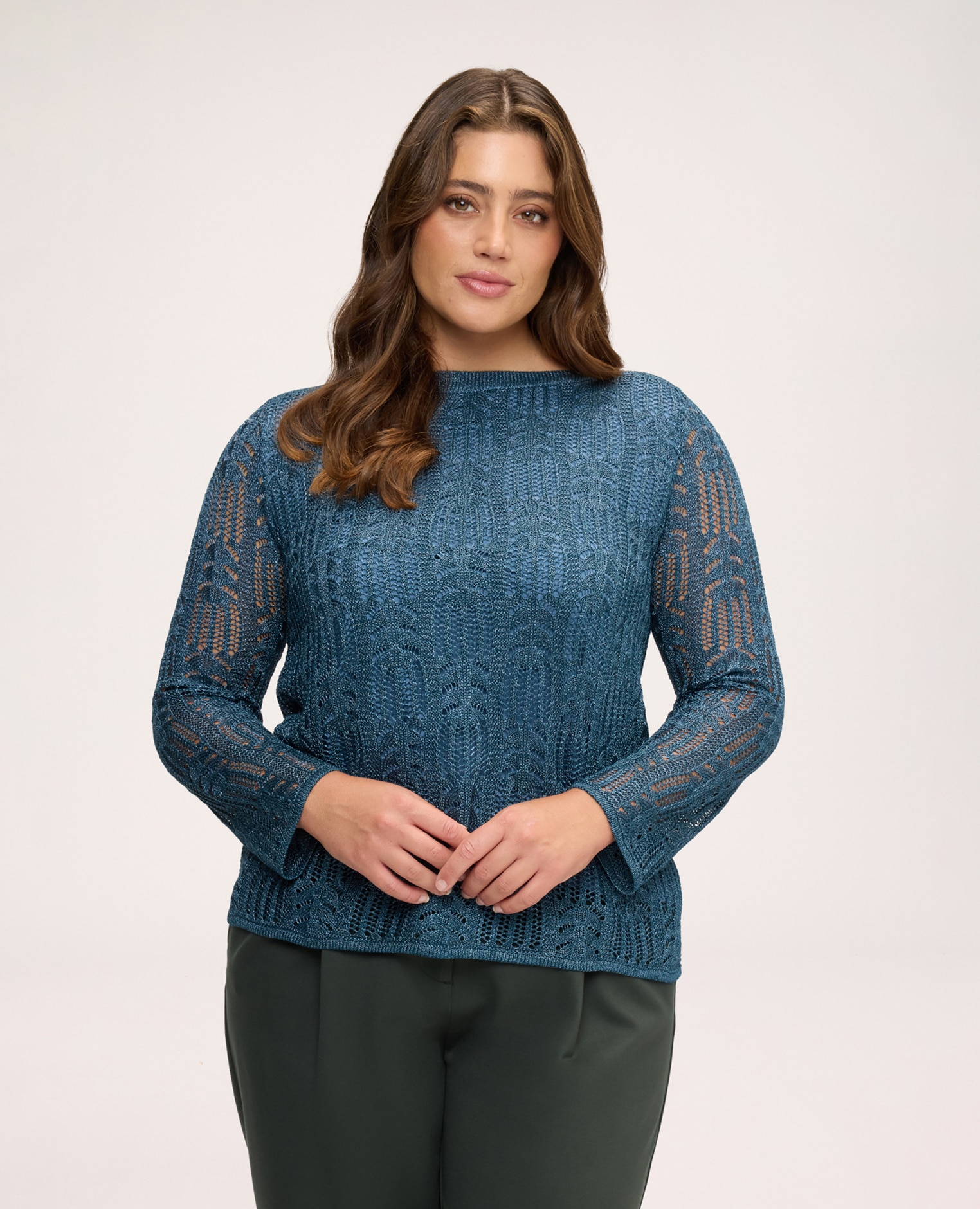 Imagen 0 de Jersey de mujer calado en mezcla de viscosa labor calada e hilo lúrex en toda la prenda Azul