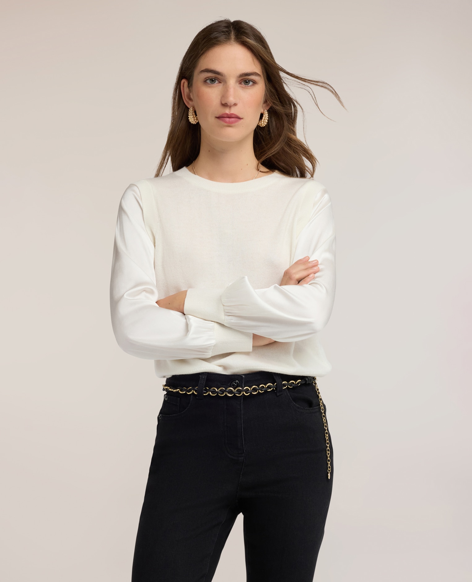 Jersey de mujer de viscosa con mangas de raso ajuste regular sin cierre - Motivi - Blanco Blanco-1