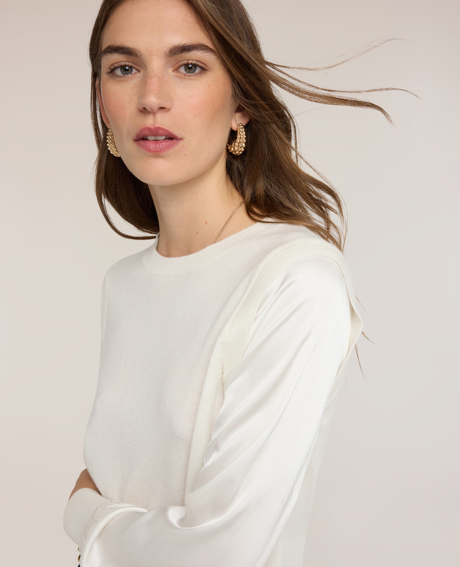 Jersey de mujer de viscosa con mangas de raso ajuste regular sin cierre - Motivi - Blanco Blanco-4