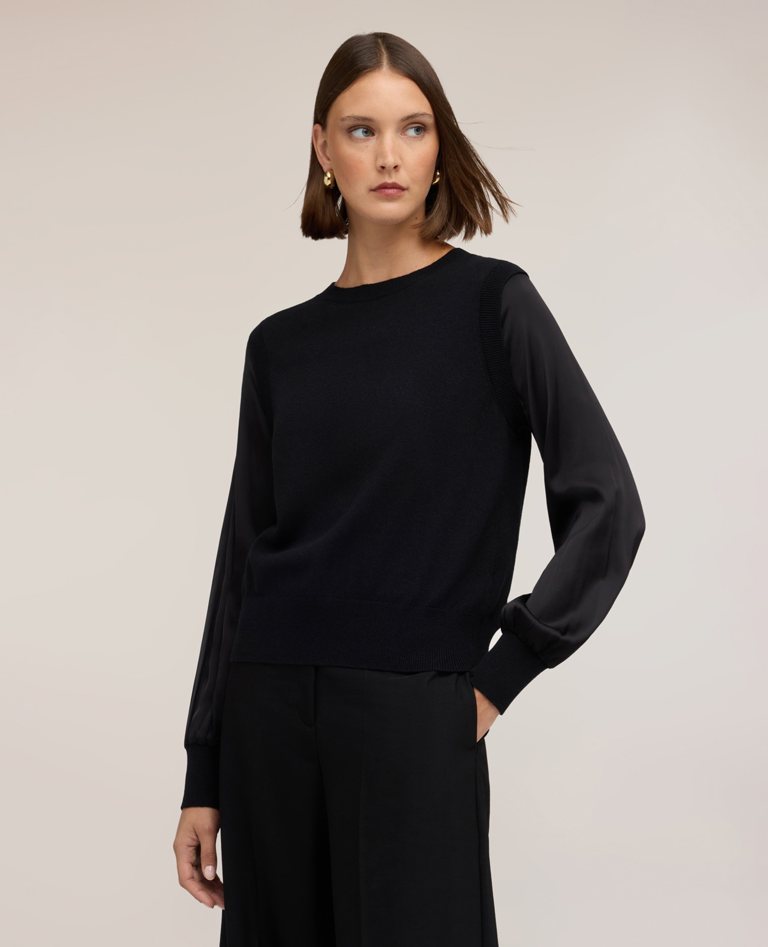 Jersey de mujer de viscosa con mangas de raso ajuste regular sin cierre - Motivi - Negro Negro-1