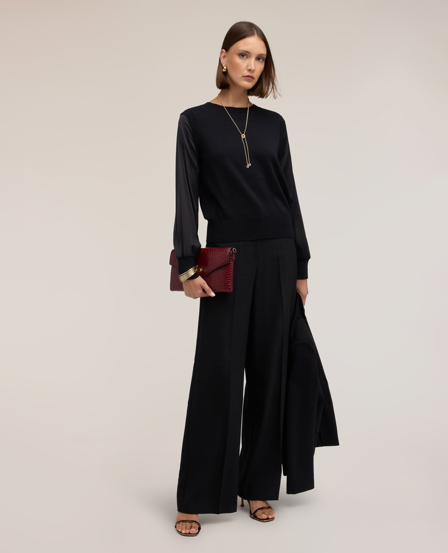 Jersey de mujer de viscosa con mangas de raso ajuste regular sin cierre - Motivi - Negro Negro-3
