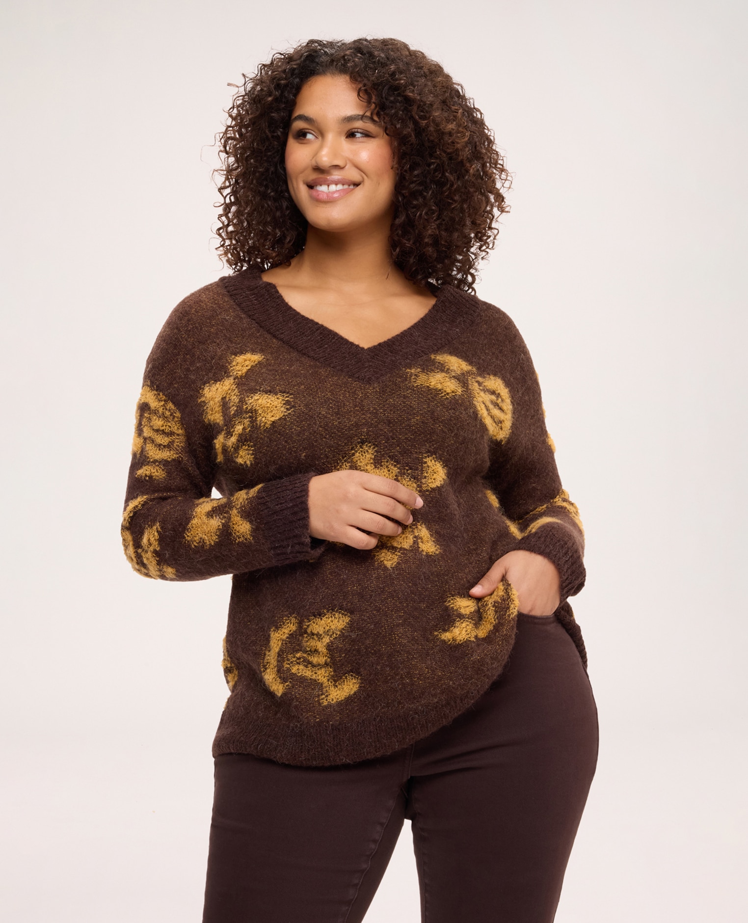 Jersey de mujer de mezcla de mohair con estampado mangas largas caídas con motivo jacquard - Fiorella Rubino - Marrón Marrón-1