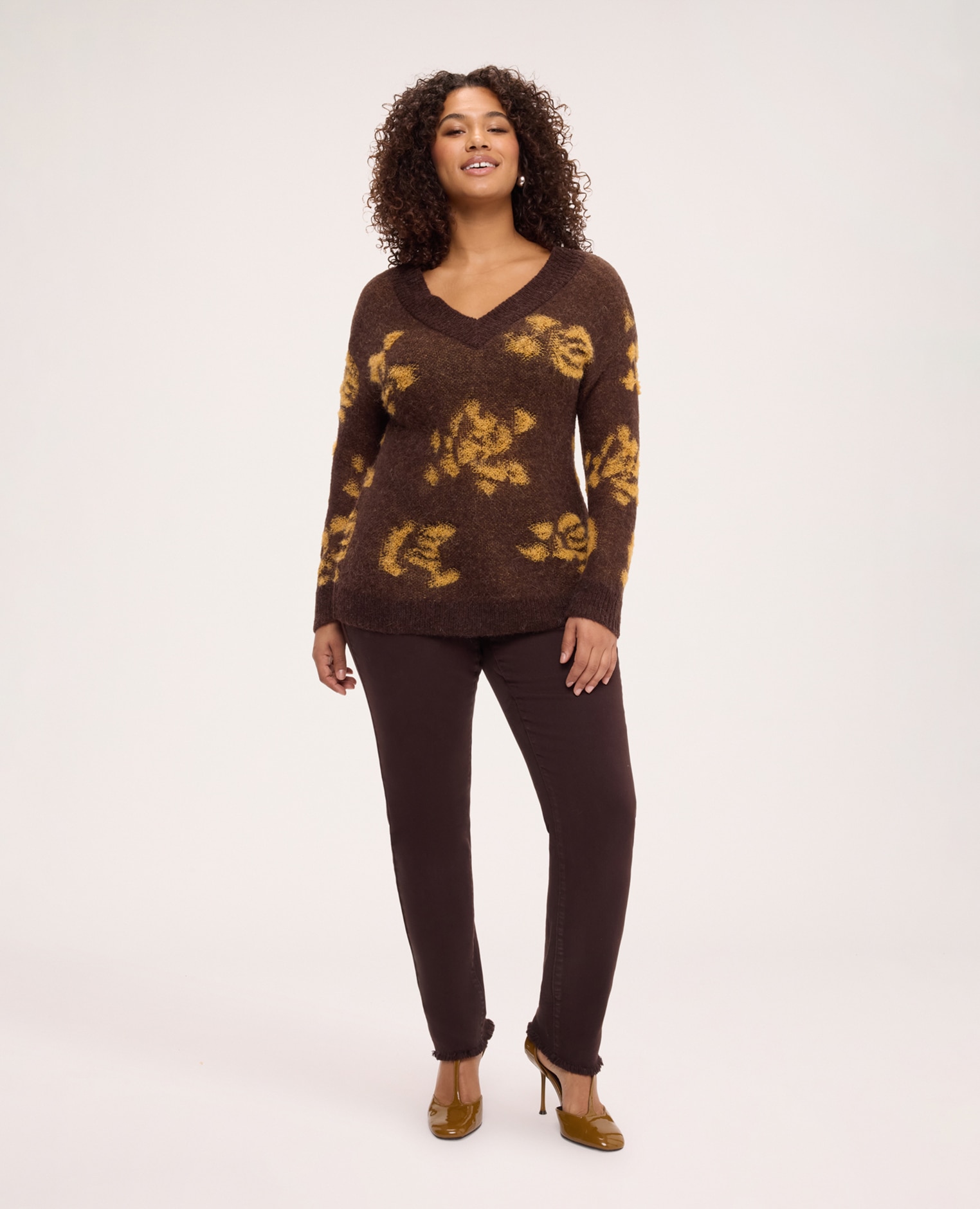 Jersey de mujer de mezcla de mohair con estampado mangas largas caídas con motivo jacquard - Fiorella Rubino - Marrón Marrón-3