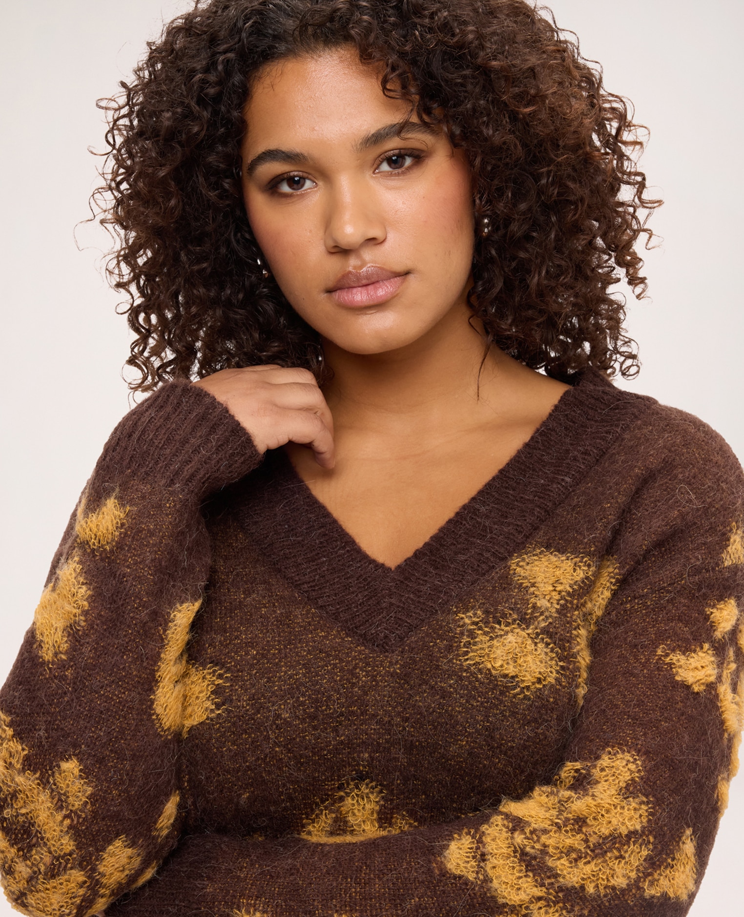 Jersey de mujer de mezcla de mohair con estampado mangas largas caídas con motivo jacquard - Fiorella Rubino - Marrón Marrón-4
