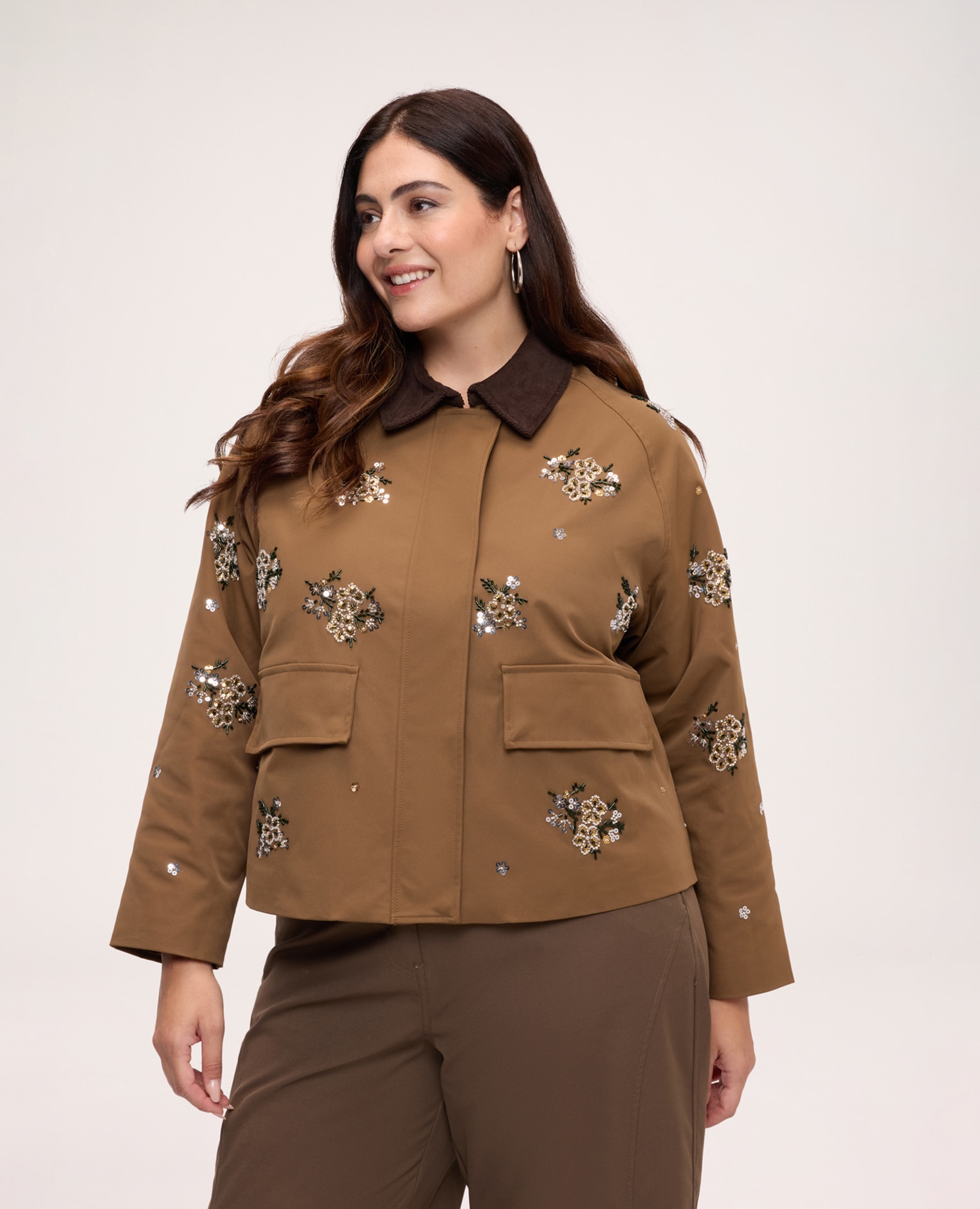 Chaqueta de mujer con bordados florales bordados florales con lentejuelas y cuentas cierre con botones y cremallera - Fiorella Rubino - Marrón Marrón-1