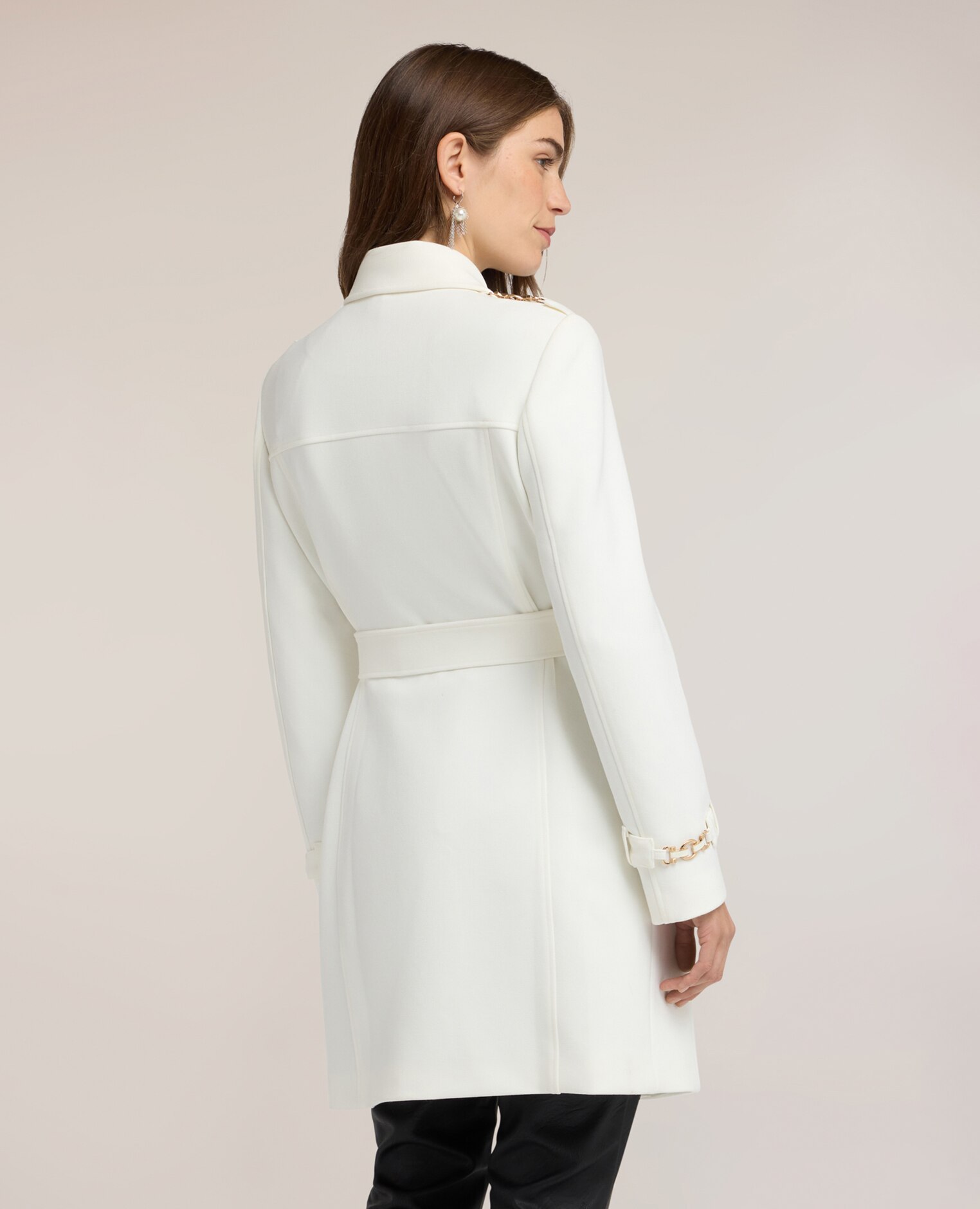 Trench de mujer con cinturón mezcla viscosa ajuste regular cierre de botonadura simple con botones a la vista y cuello clásico - Motivi - Blanco Blanco-2