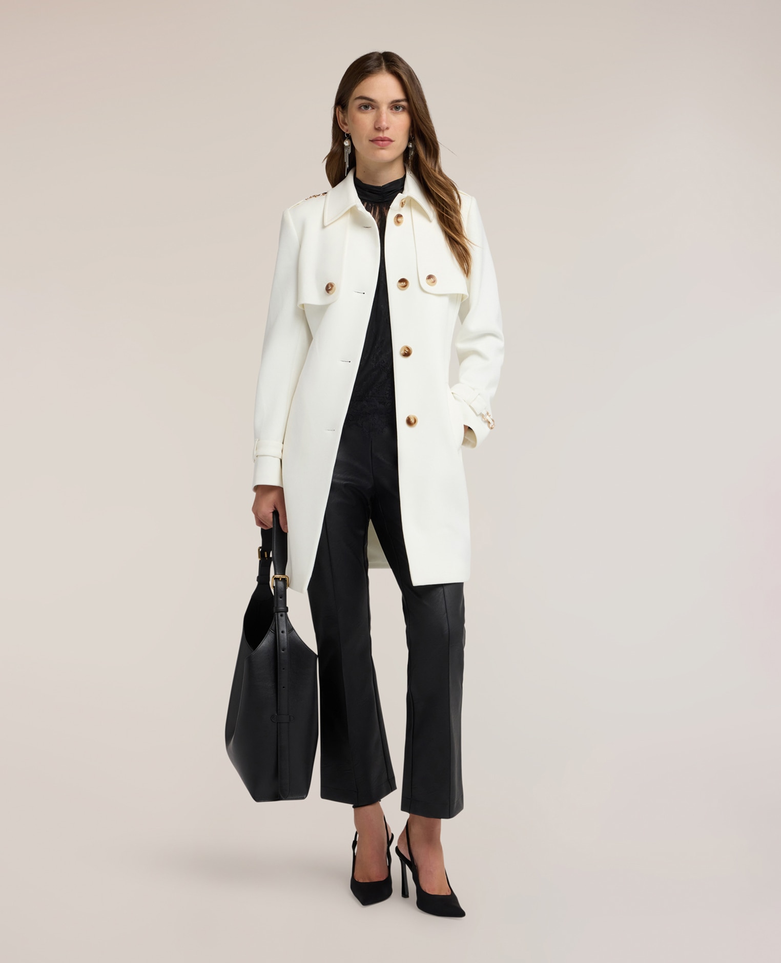 Trench de mujer con cinturón mezcla viscosa ajuste regular cierre de botonadura simple con botones a la vista y cuello clásico - Motivi - Blanco Blanco-3