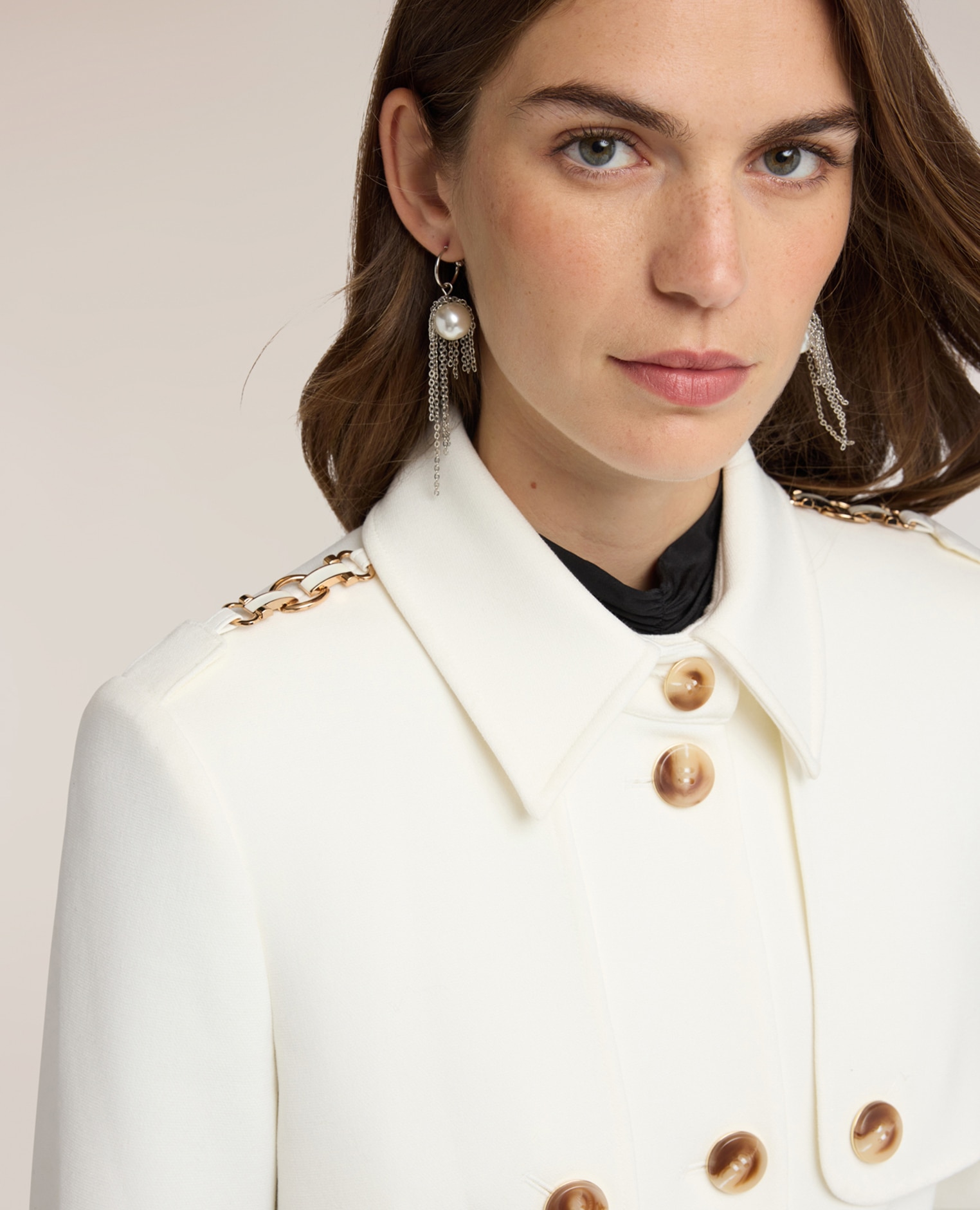 Trench de mujer con cinturón mezcla viscosa ajuste regular cierre de botonadura simple con botones a la vista y cuello clásico - Motivi - Blanco Blanco-4