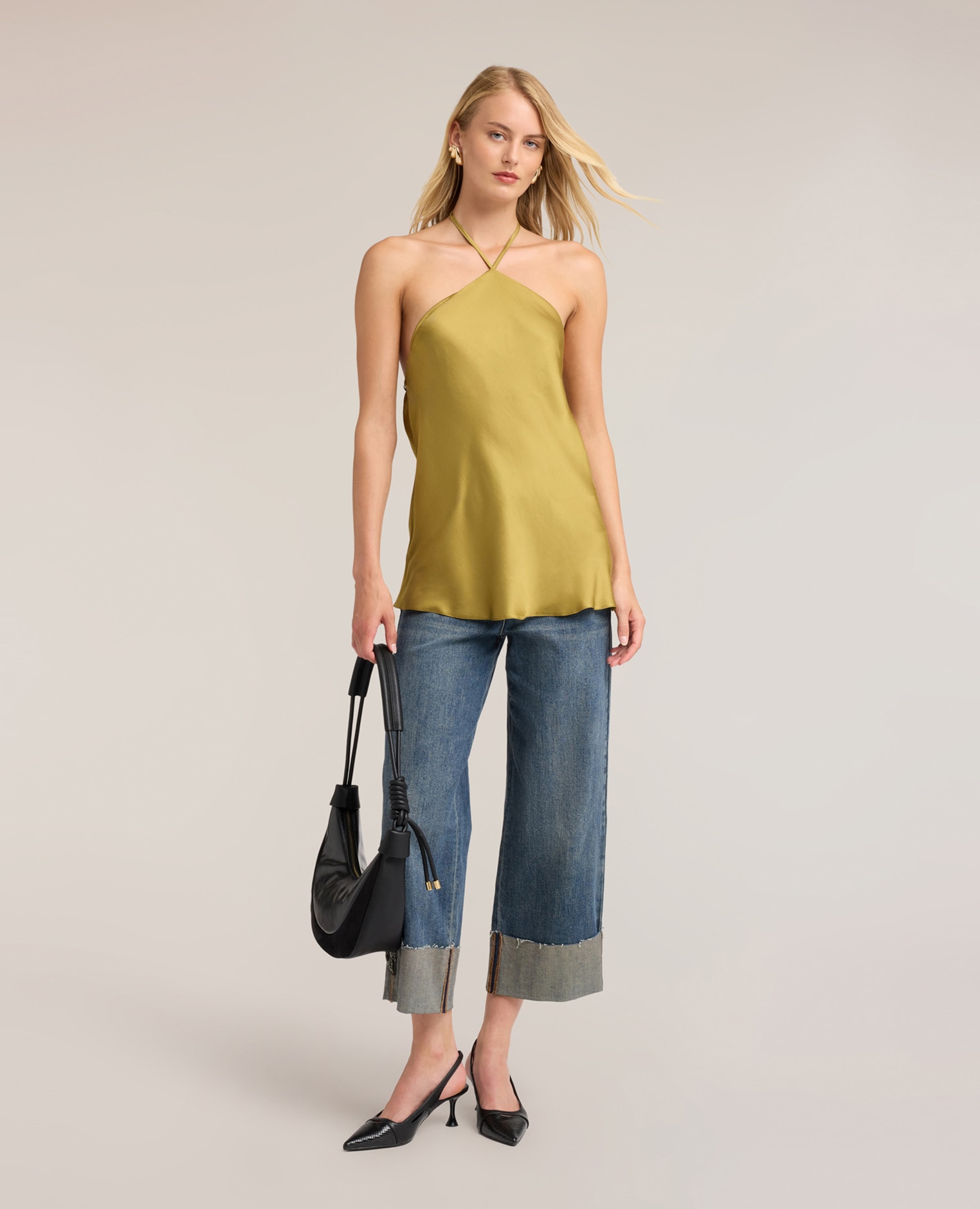 Top de mujer de raso con escote halter ajuste regular con cierre con cordones - Motivi - Verde claro Verde claro-3