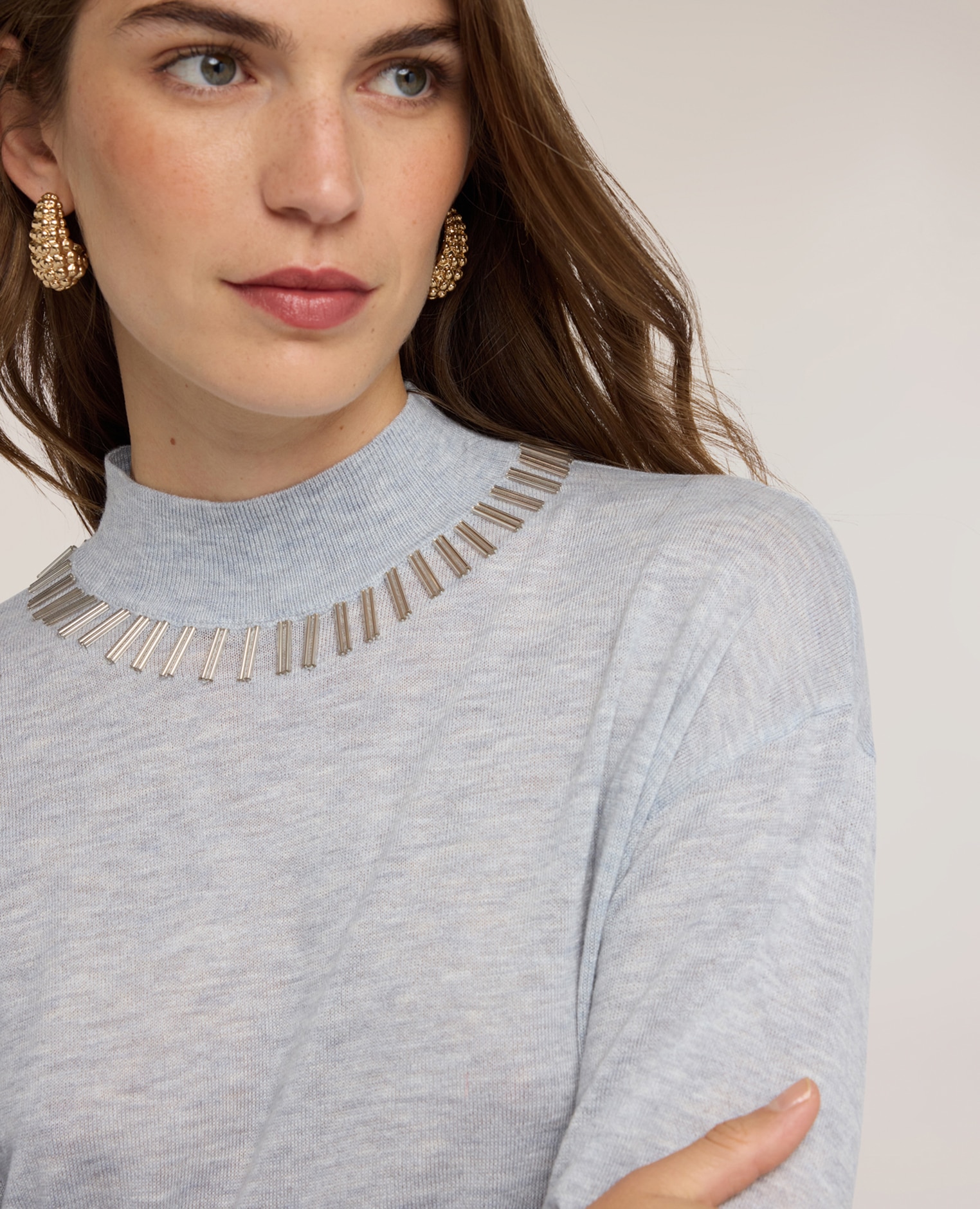 Jersey de mujer de cuello alto en mezcla de lana con canalé ajuste regular longitud media - Motivi - Gris Gris-4