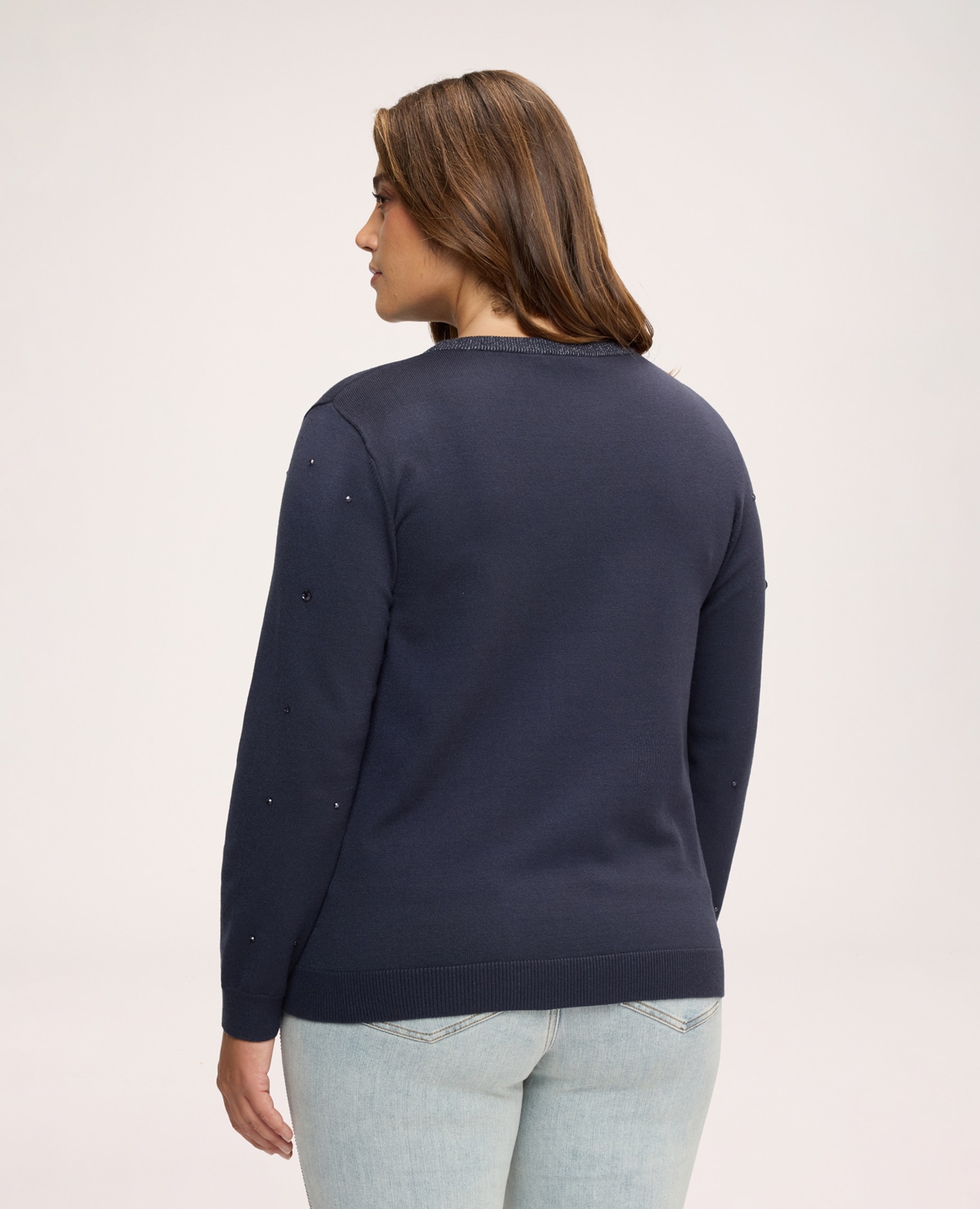 Jersey de mujer de cuello redondo con aplicaciones de joyería aplicaciones tipo joya distribuidas por toda la prenda - Fiorella Rubino - Azul Azul-2