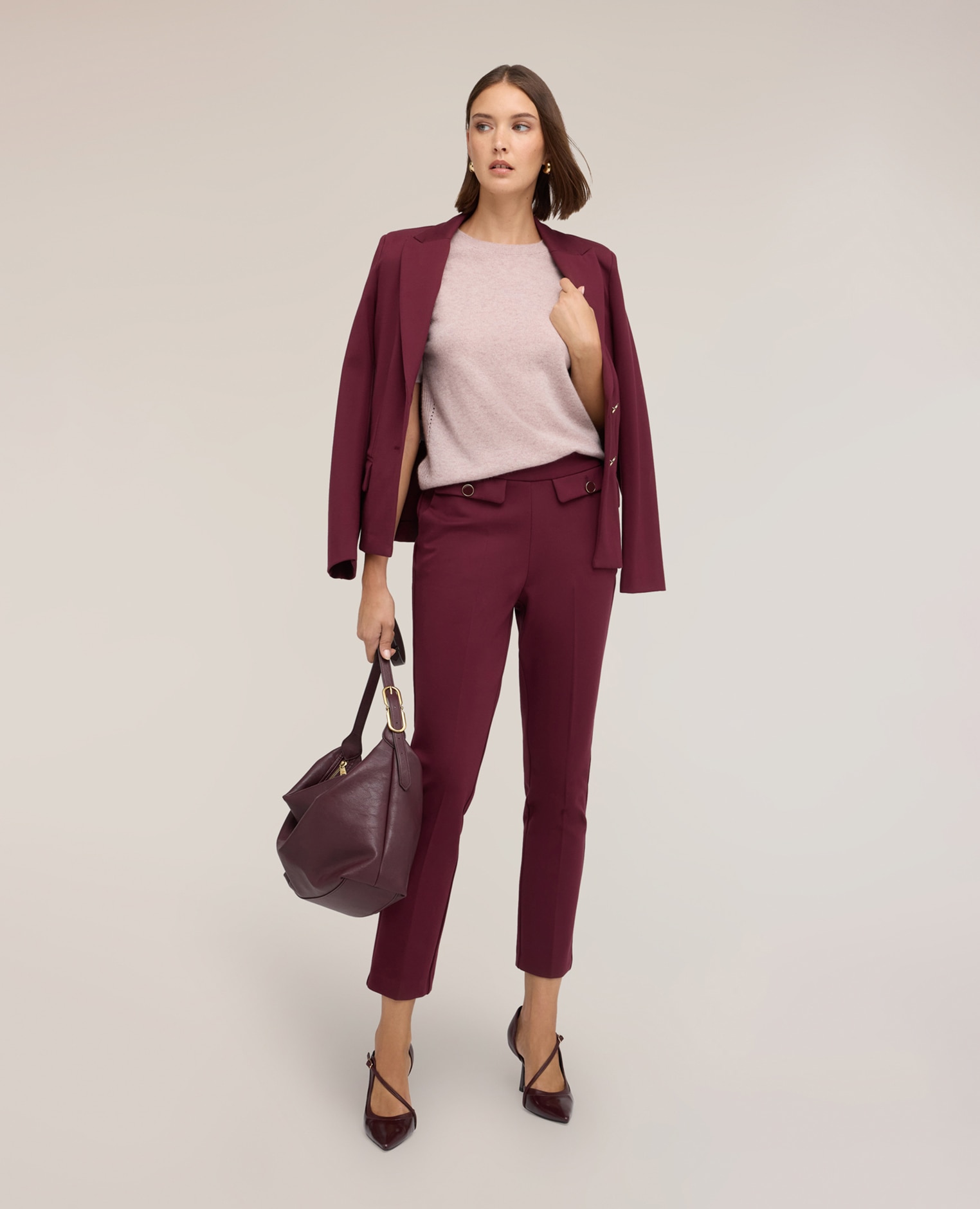 Pantalones de mujer regulares en punto milano ajuste regular cierre lateral con cremallera - Motivi - Burdeos Burdeos-1