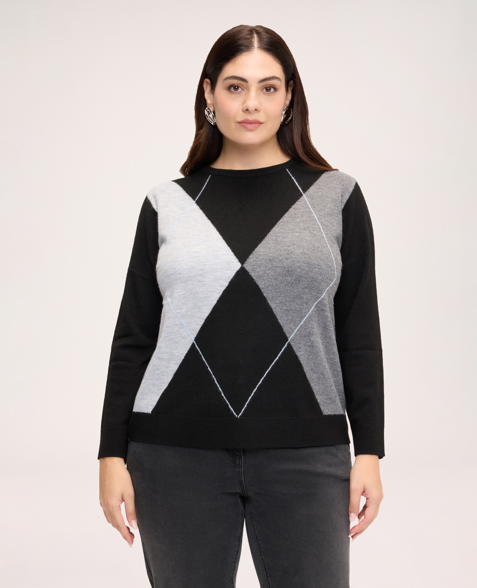 Imagen 1 de Jersey de mujer de cuello redondo con motivo argyle detalle geométrico de contraste con perfiles de contraste mangas largas Gris