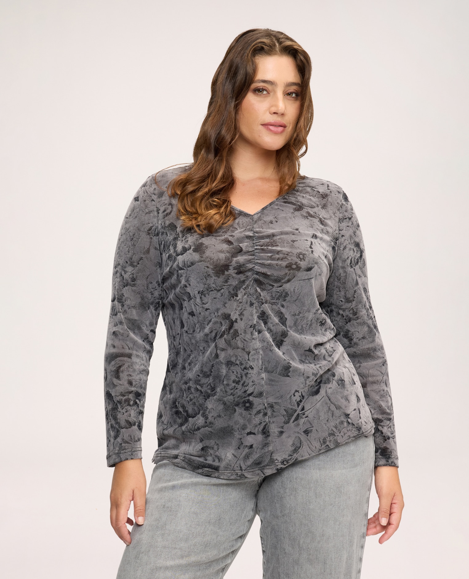 Camiseta de mujer de jersey con estampado y drapeado drapeado central en la parte delantera - Fiorella Rubino - Gris Gris-1