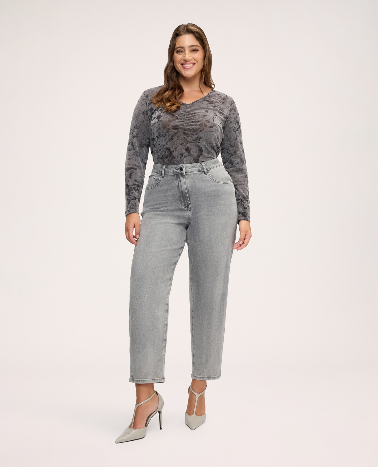 Camiseta de mujer de jersey con estampado y drapeado drapeado central en la parte delantera - Fiorella Rubino - Gris Gris-3