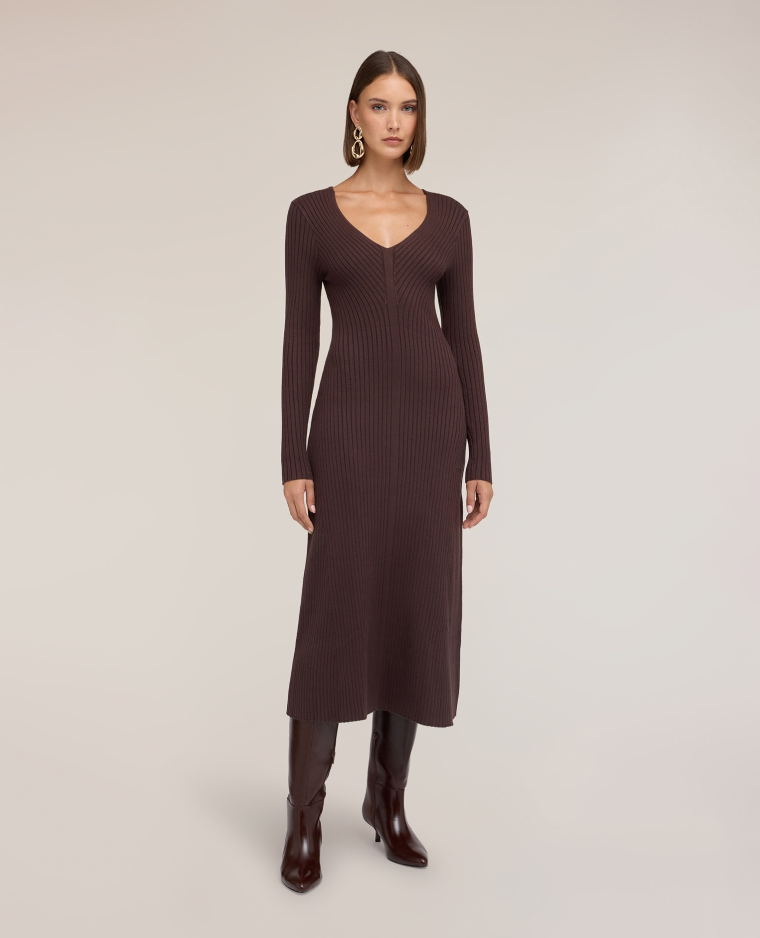 Vestido acampanado de punto acanalado largo midi con falda evasé - Motivi - Marrón Marrón-1