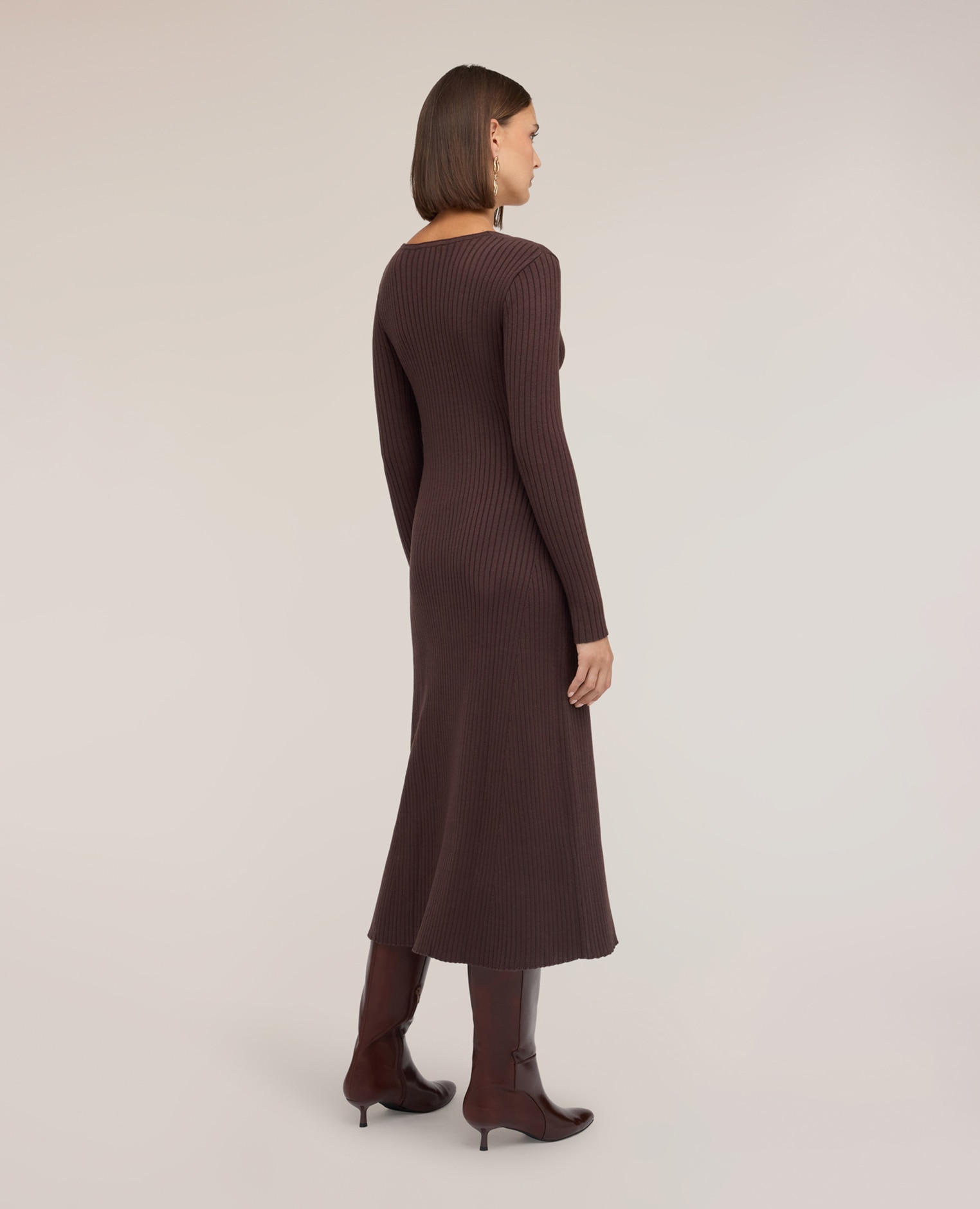 Vestido acampanado de punto acanalado largo midi con falda evasé - Motivi - Marrón Marrón-2