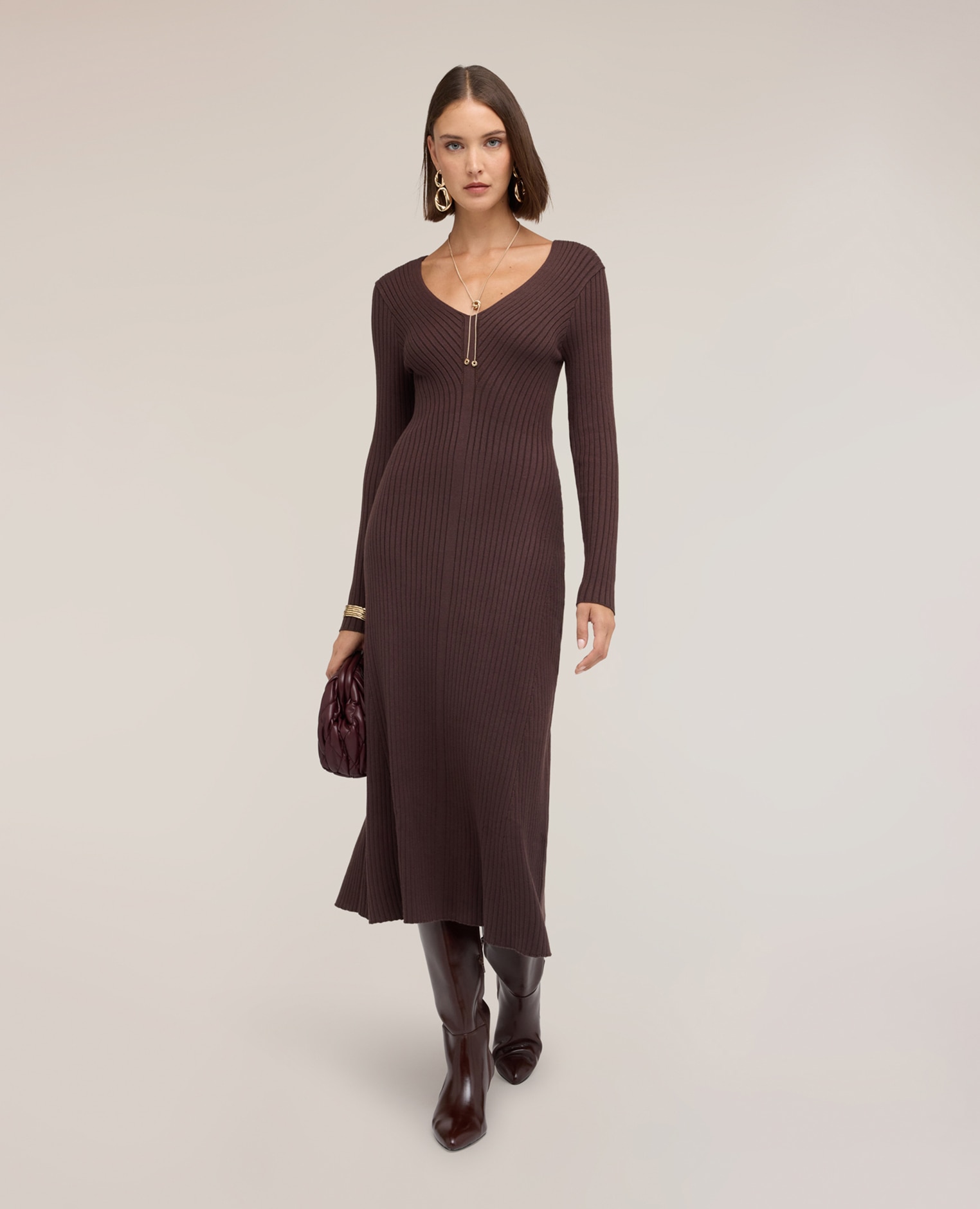 Vestido acampanado de punto acanalado largo midi con falda evasé - Motivi - Marrón Marrón-3