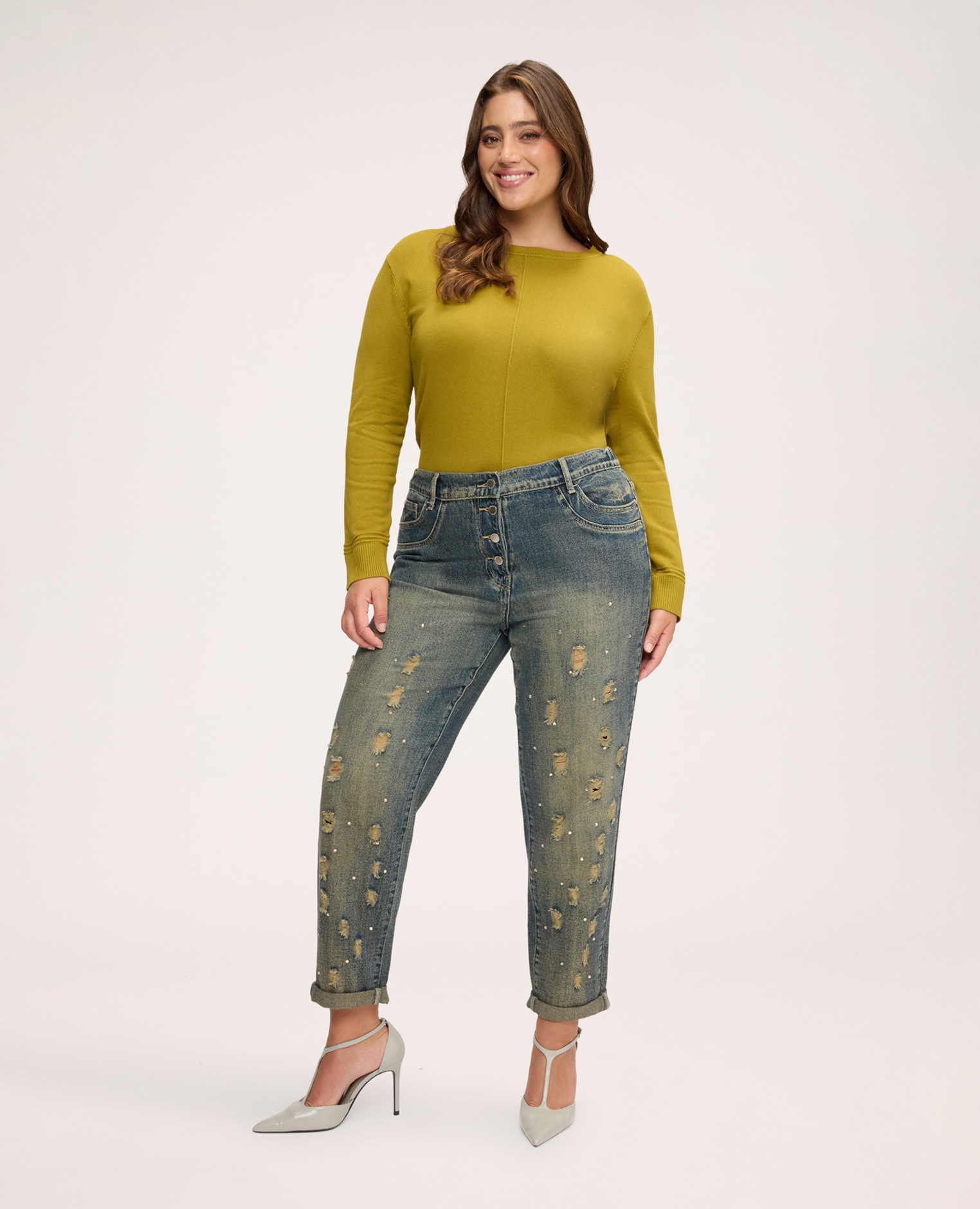 Imagen 0 de Jeans de mujer barrel efecto stone washed cierre con botones y cremallera delante elástico detrás Azul
