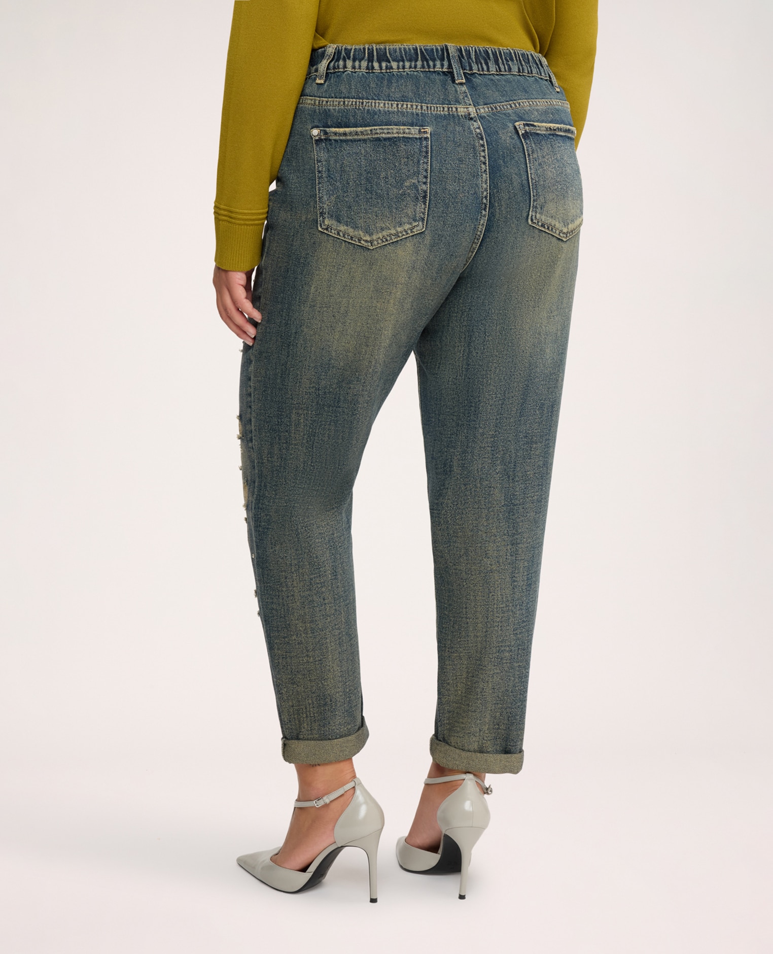 Jeans de mujer barrel efecto stone washed cierre con botones y cremallera delante elástico detrás - Fiorella Rubino - Azul Azul-2