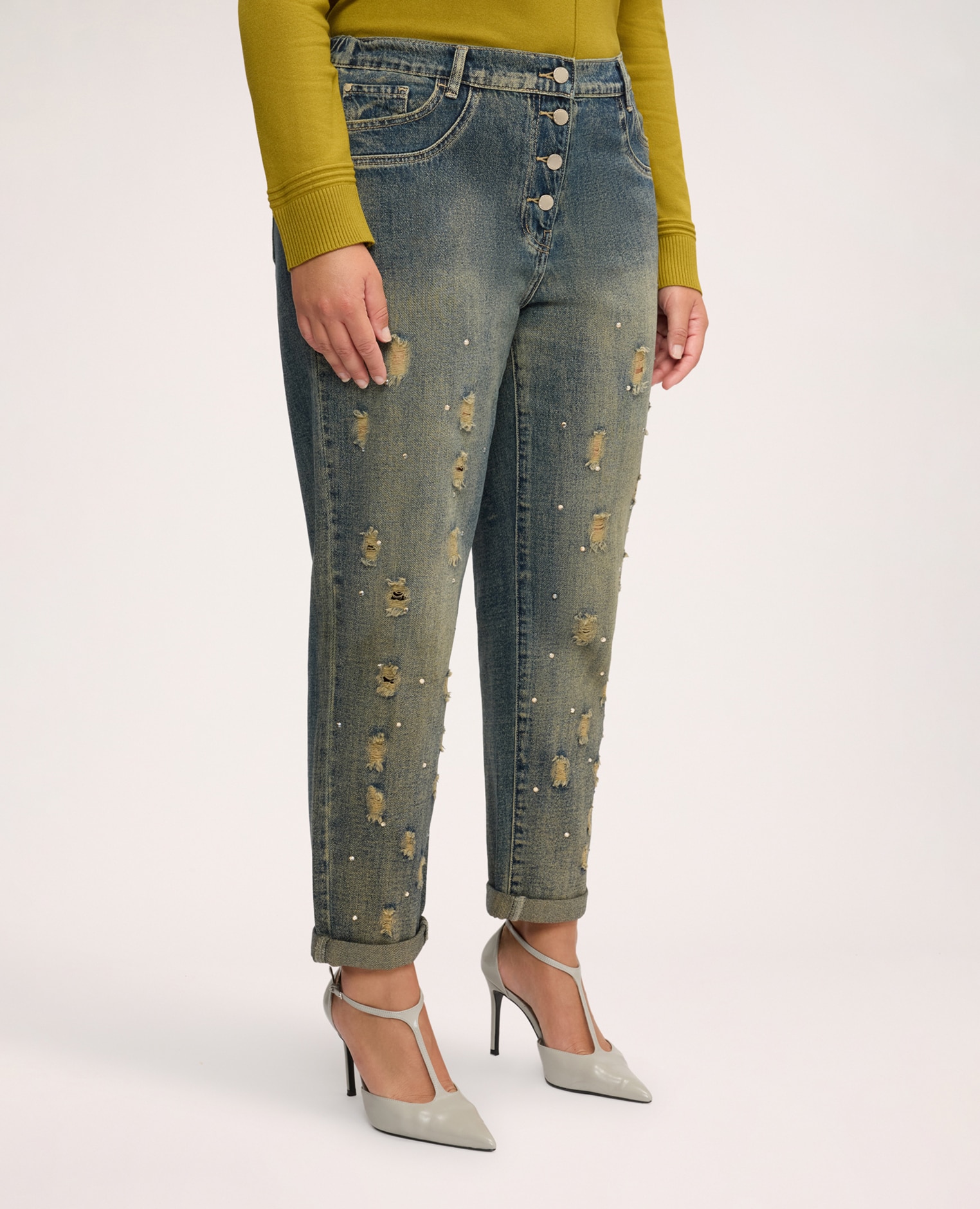 Jeans de mujer barrel efecto stone washed cierre con botones y cremallera delante elástico detrás - Fiorella Rubino - Azul Azul-3