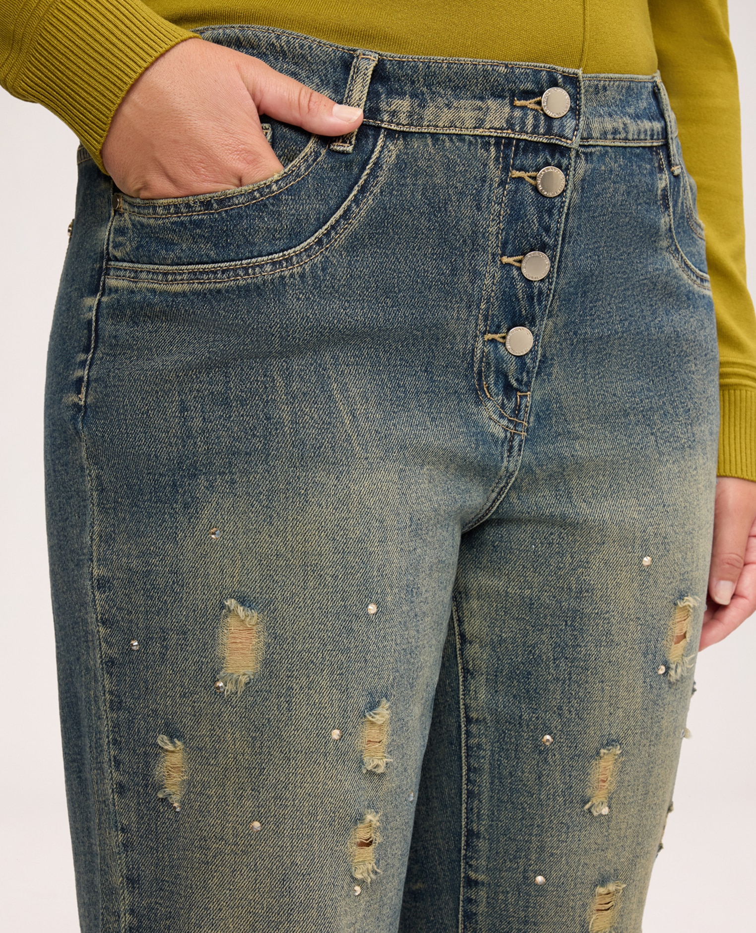 Jeans de mujer barrel efecto stone washed cierre con botones y cremallera delante elástico detrás - Fiorella Rubino - Azul Azul-4